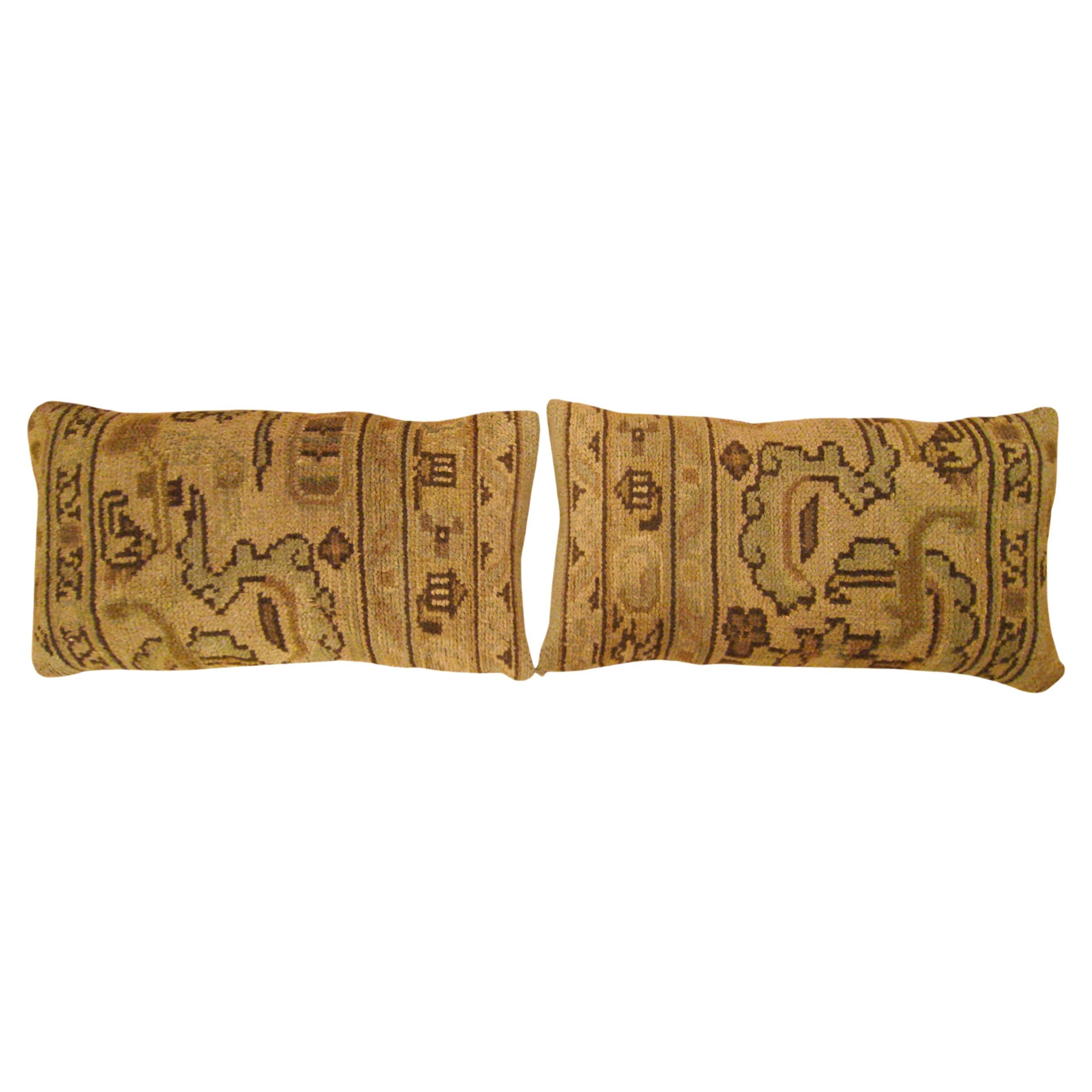Pair of Decorative Antique Spanish Savonnerie Carpet Pillows with Geometric