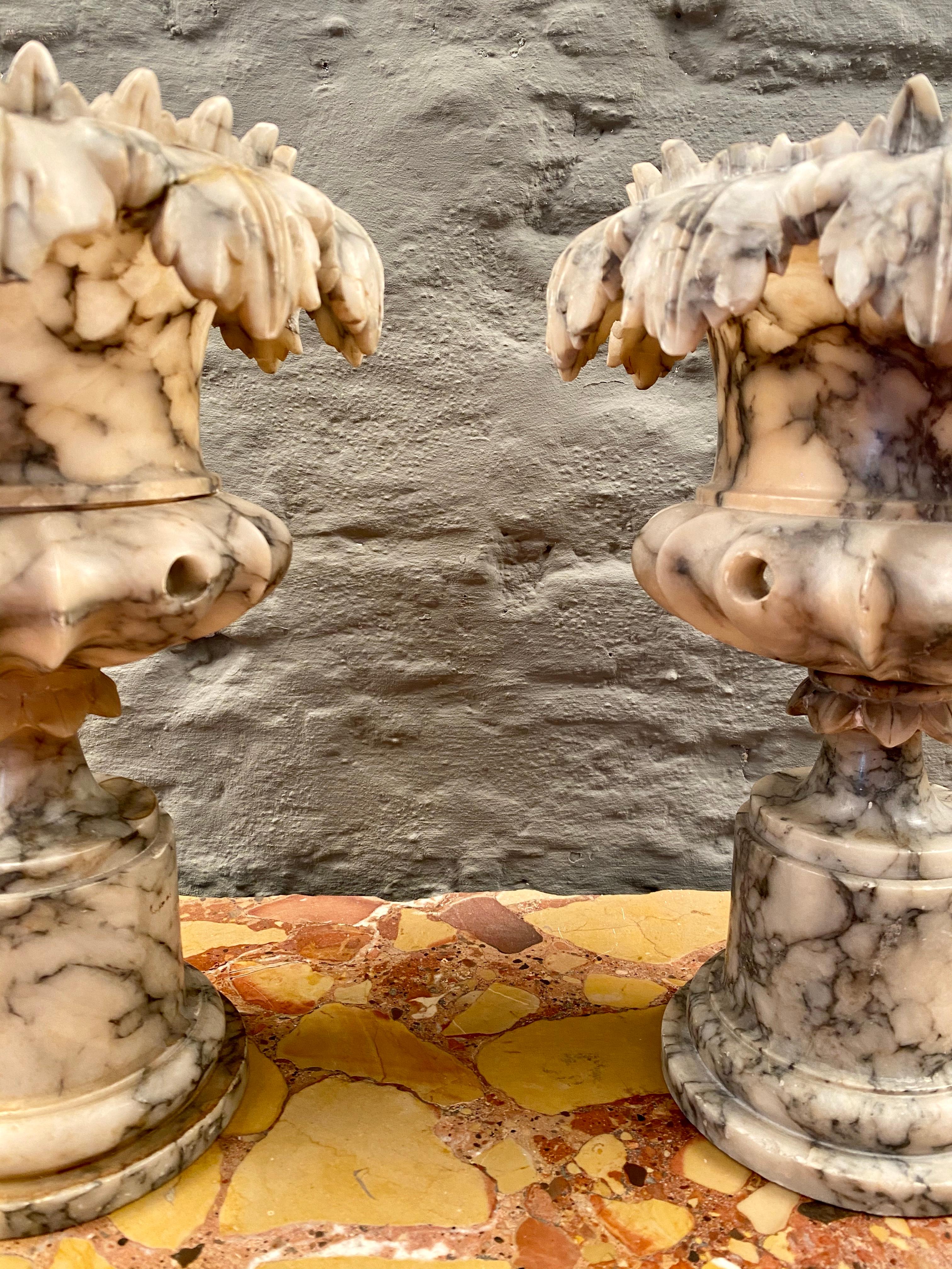 19th Century Pair of Decorative Carved Alabaster Urns