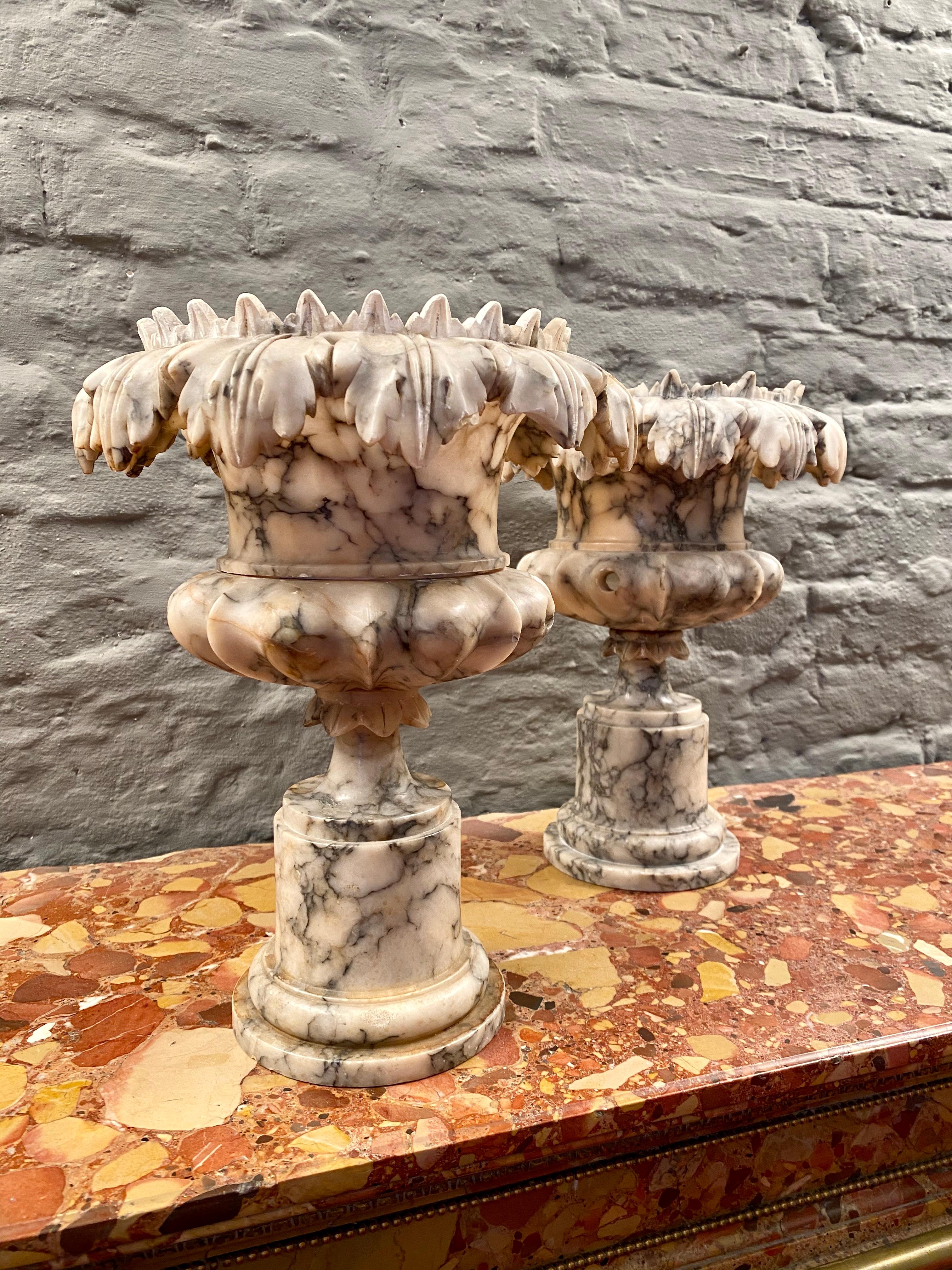 Marble Pair of Decorative Carved Alabaster Urns