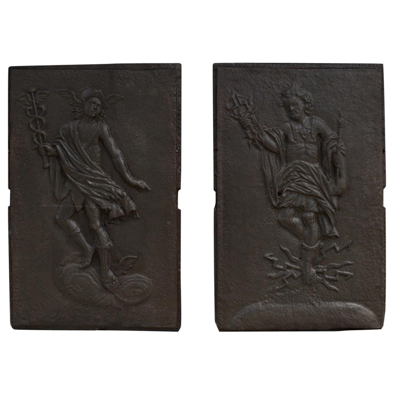 Pair of Decorative Cast Iron Firebacks Featuring Classical Figures For Sale