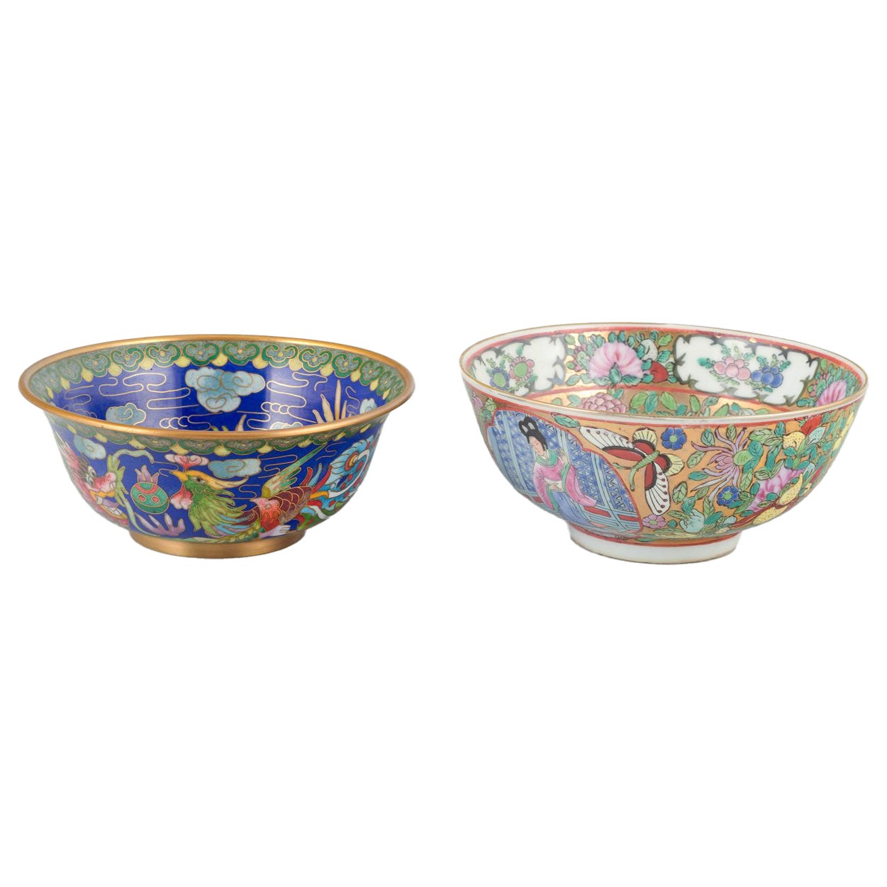 A pair of decorative Chinese bowls, porcelain and cloisonné. 20th C.