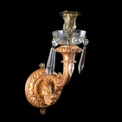 Pair of Decorative Gilded Wall Sconces with Cut Glass Drops and Drip Pans