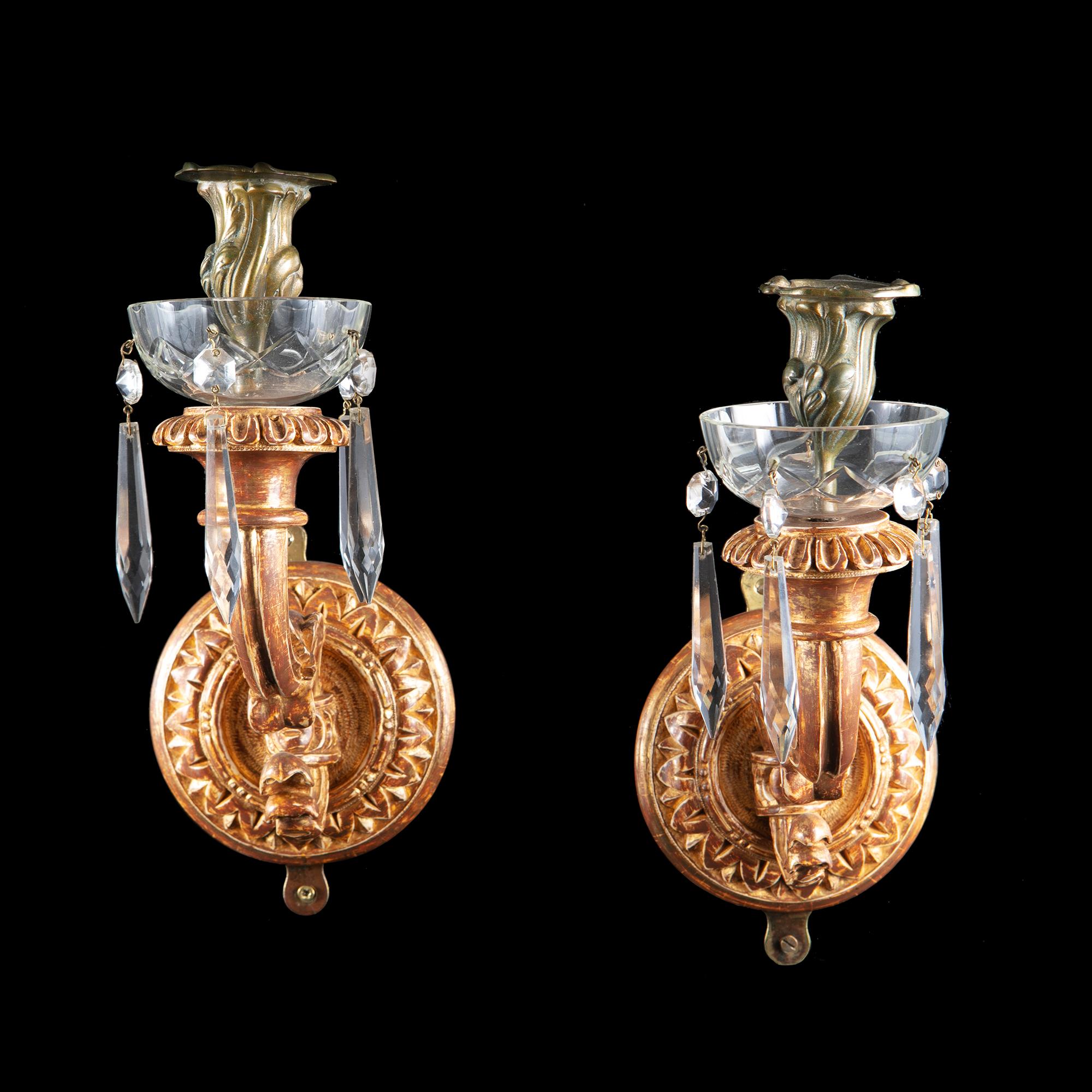 Victorian Pair of Decorative Gilded Wall Sconces with Cut Glass Drops and Drip Pans For Sale