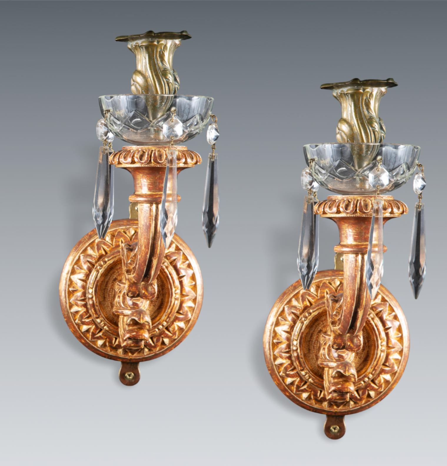 European Pair of Decorative Gilded Wall Sconces with Cut Glass Drops and Drip Pans For Sale