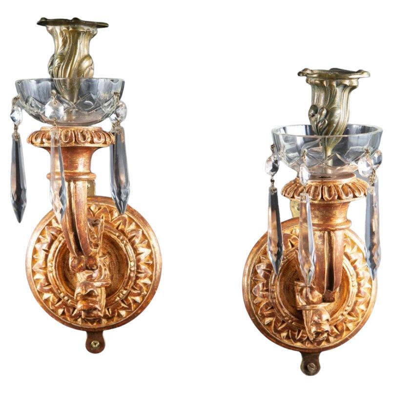 Pair of Decorative Gilded Wall Sconces with Cut Glass Drops and Drip Pans For Sale