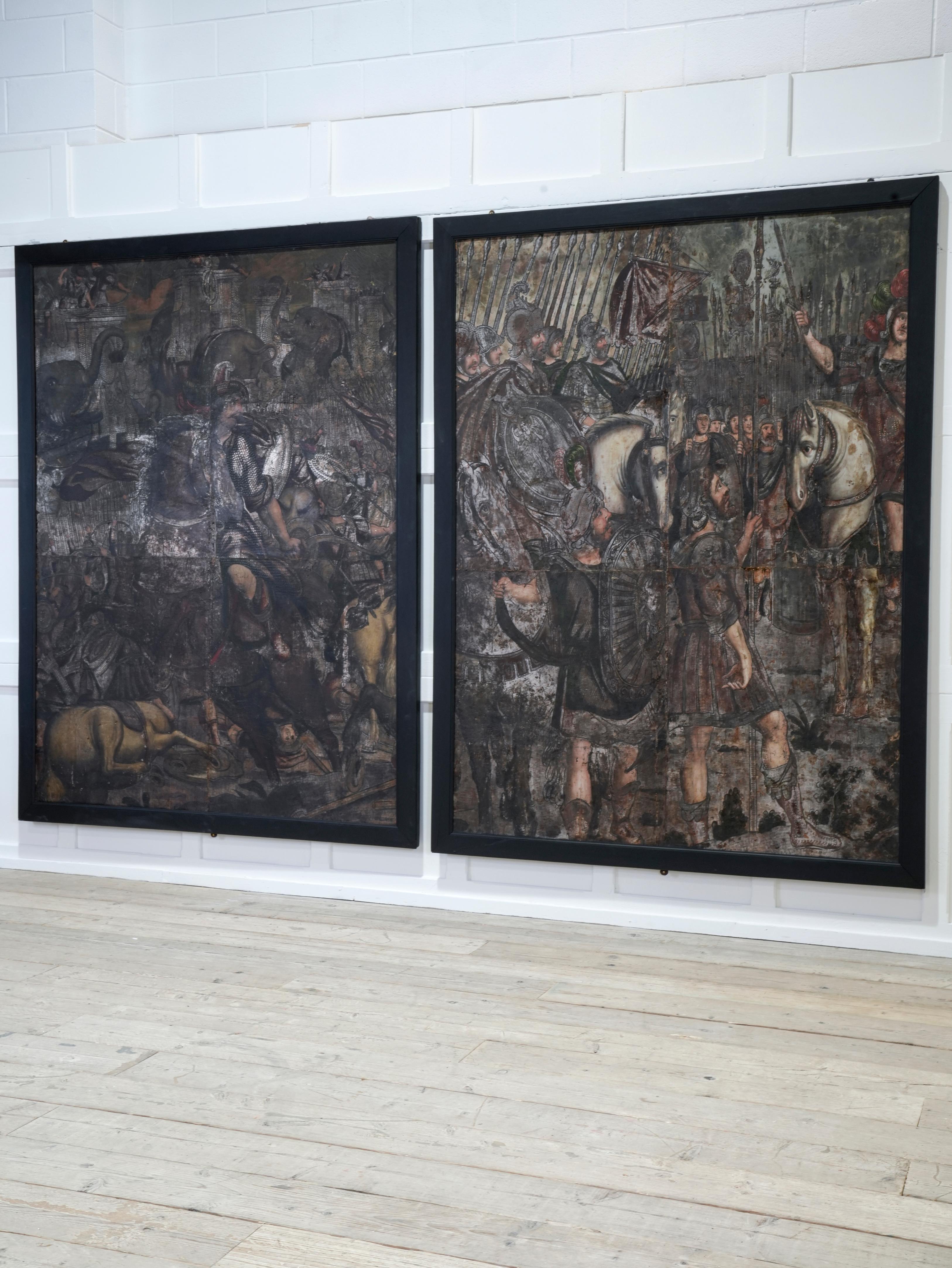 A very large and impressive pair of painted leather panels possibly depicting the 'Battle of Cannae'.

18th or early 19th Century 

It is believed that these panels were possibly originally with a family member at Soldon Manor, Devon. The Battle of