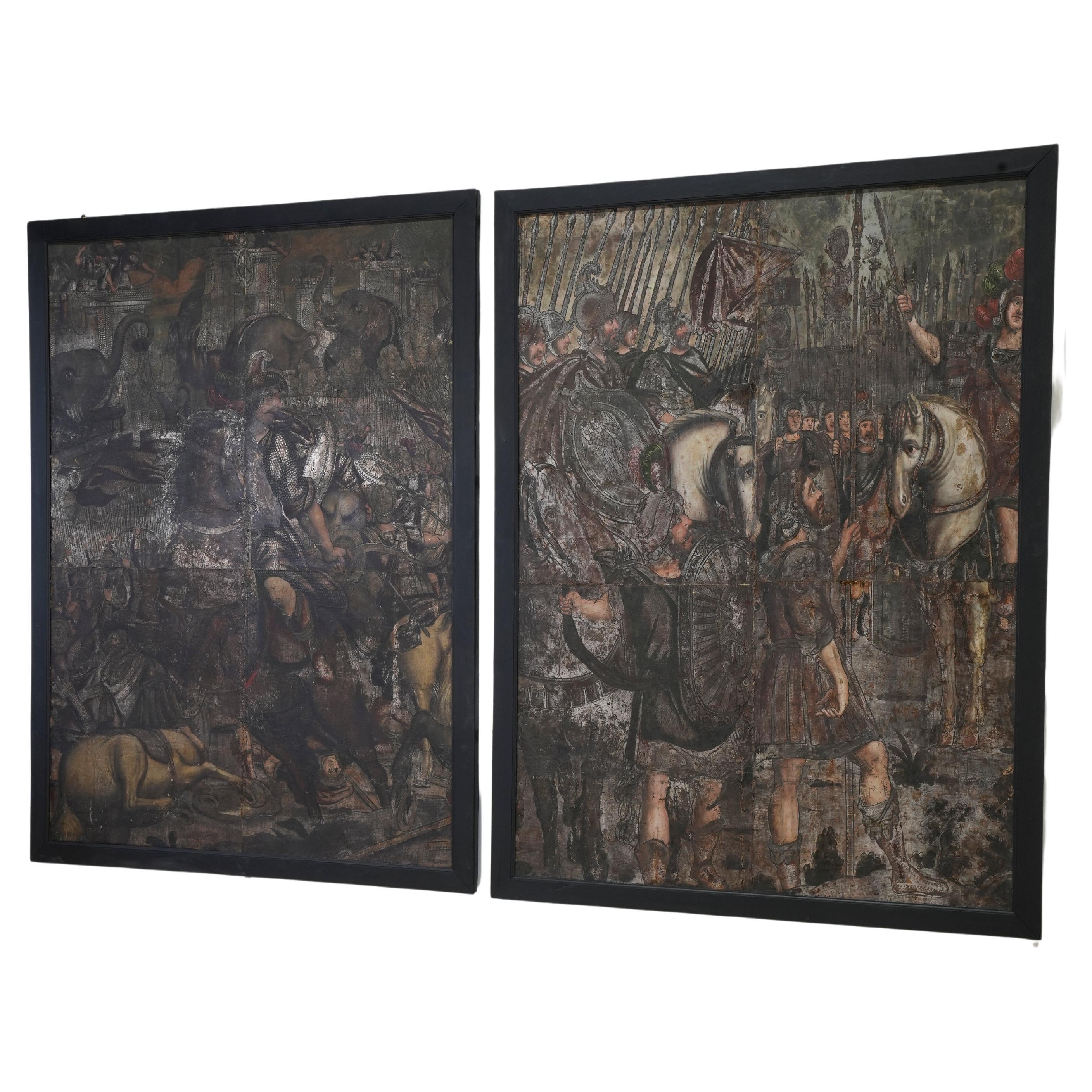 A Pair of Decorative Leather Painted Panels For Sale