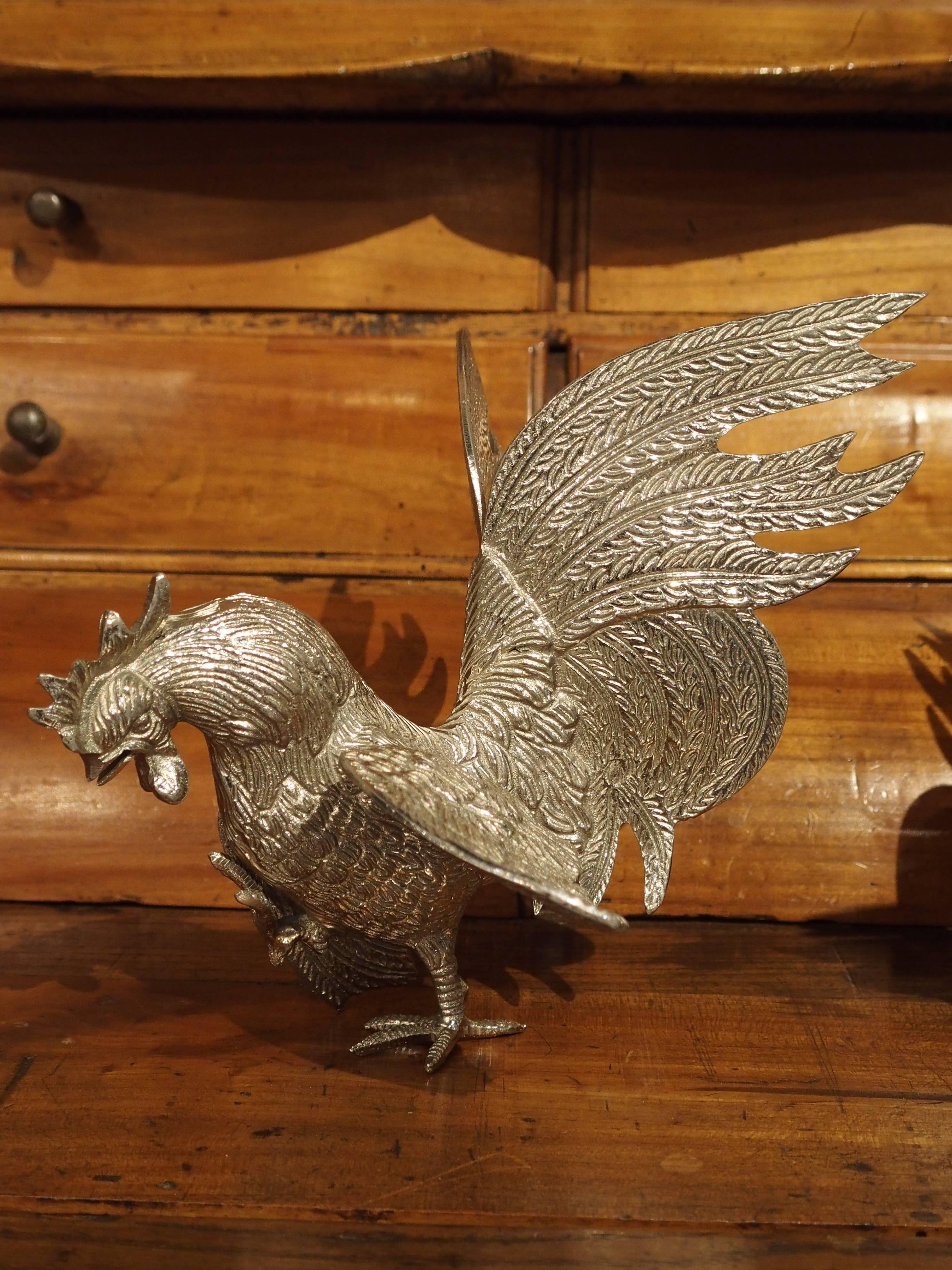 Pair of Decorative Silvered Roosters from France 4