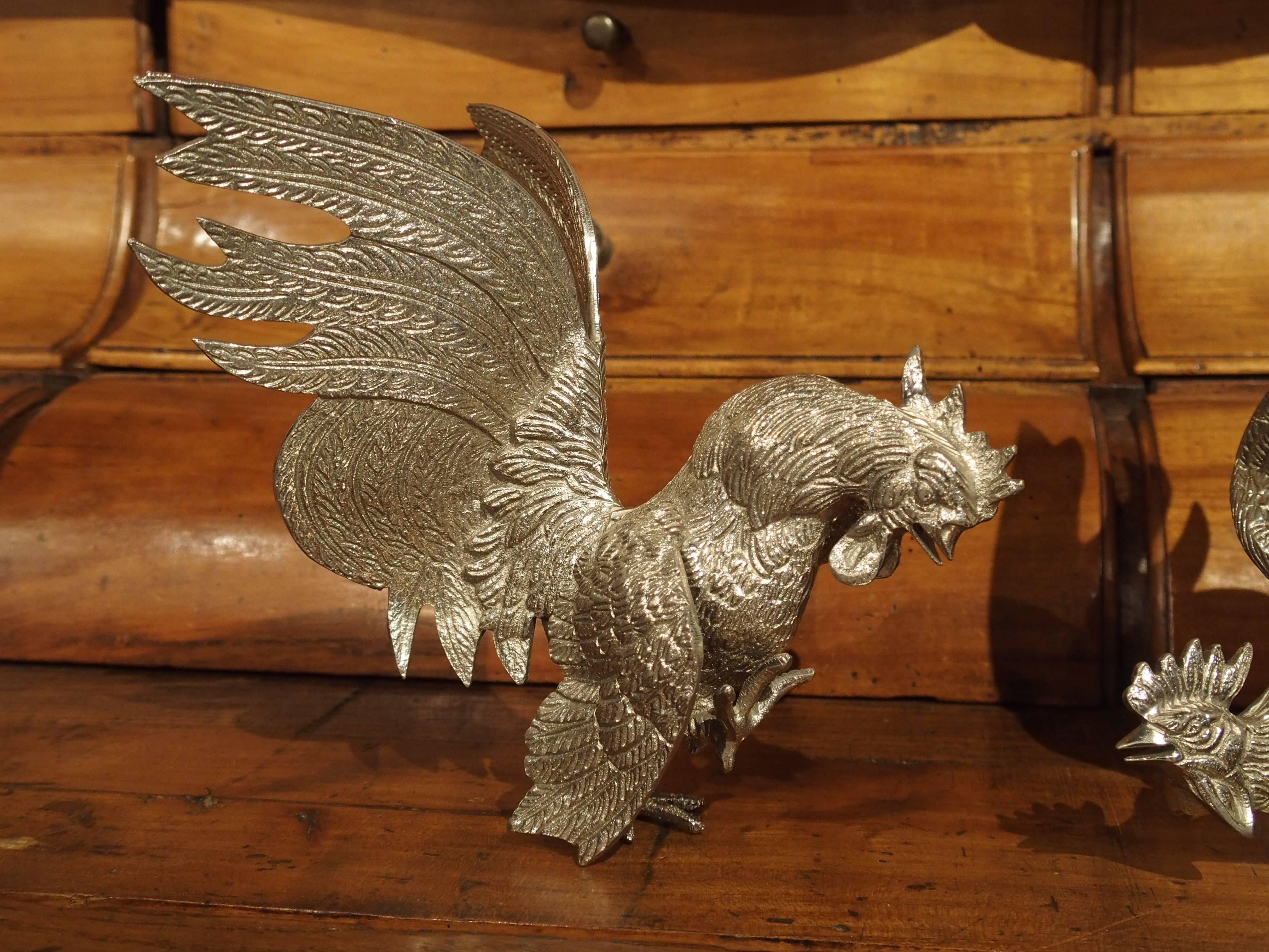 Pair of Decorative Silvered Roosters from France 6