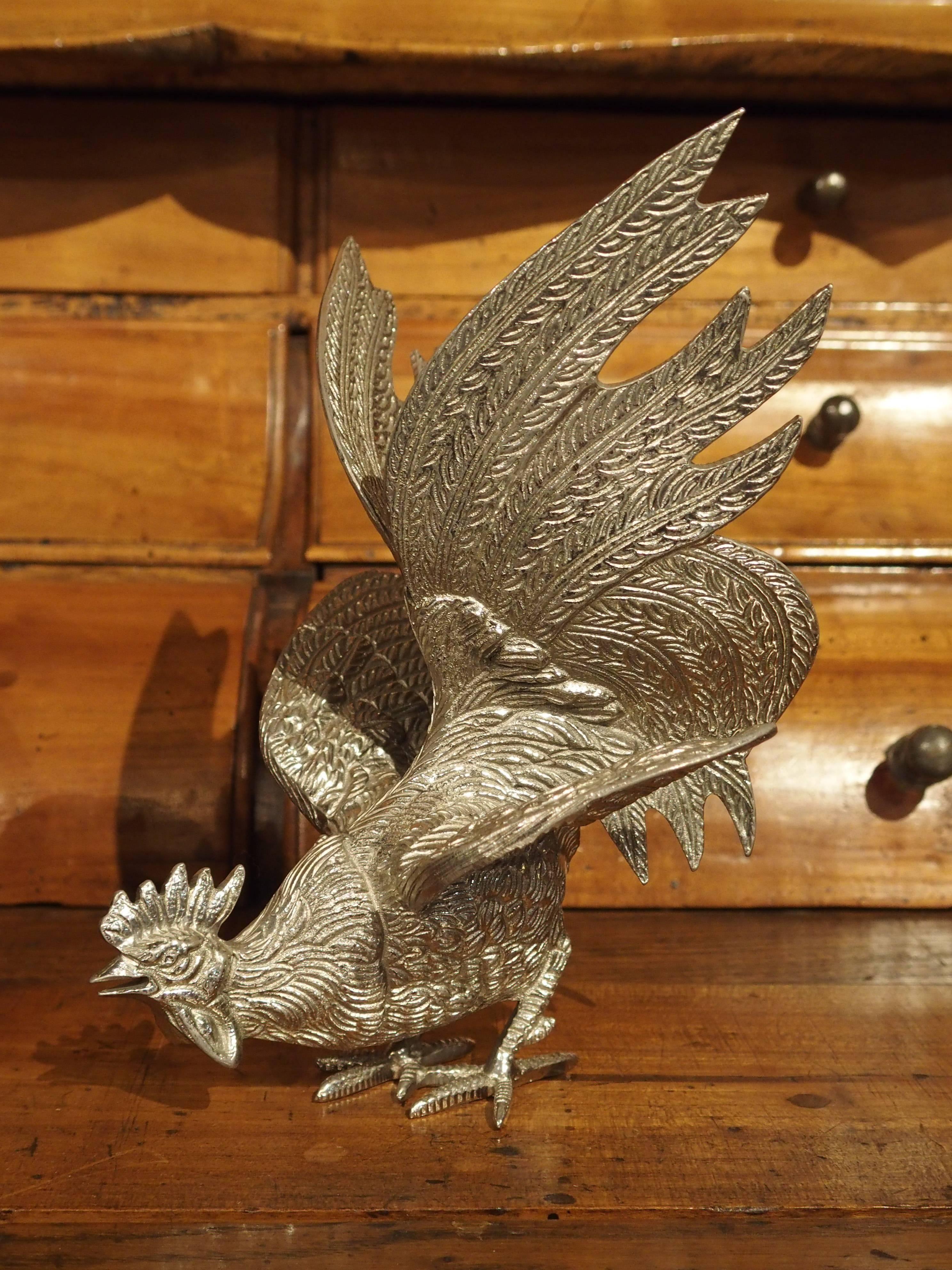 Pair of Decorative Silvered Roosters from France 7