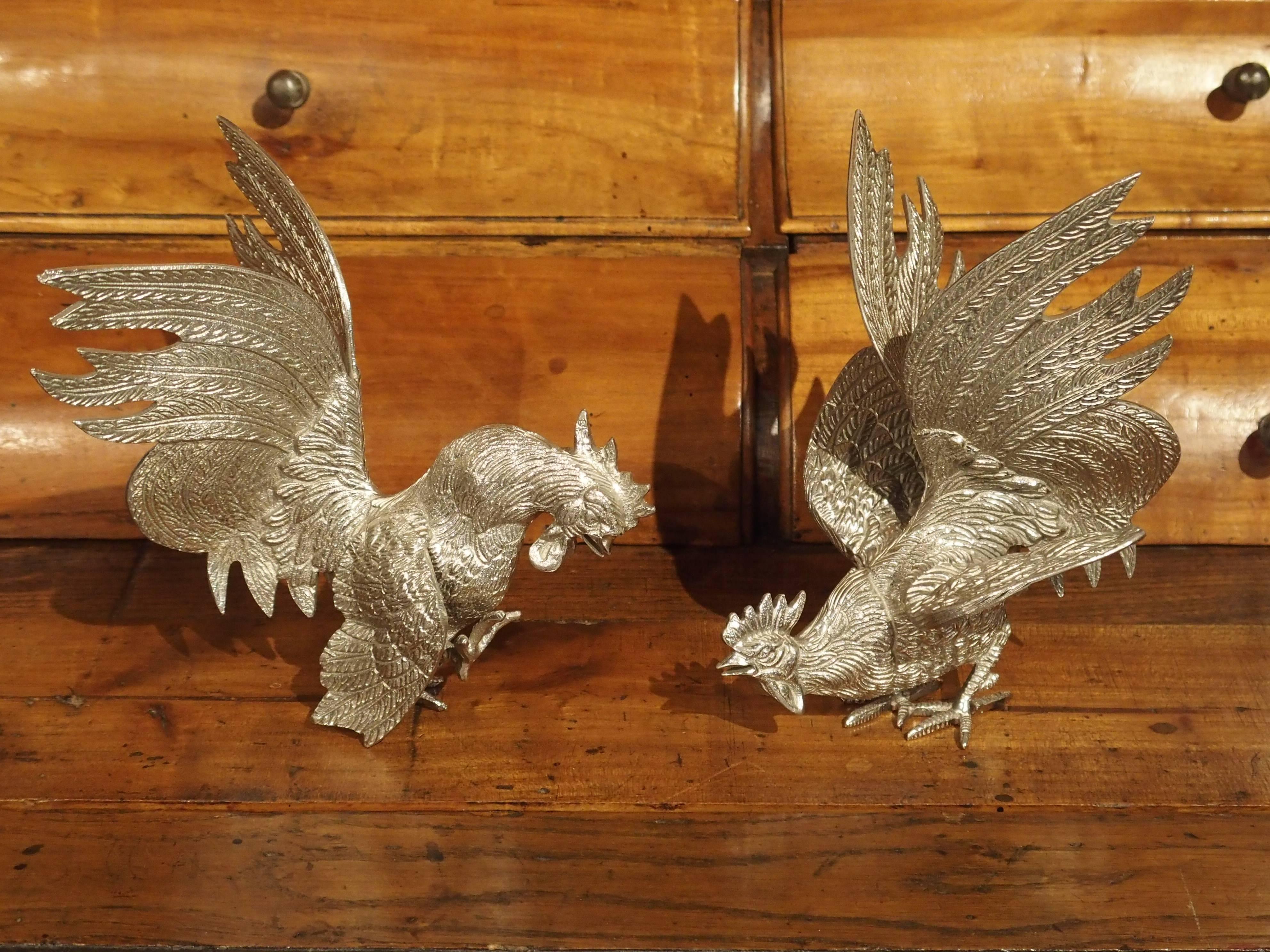 Pair of Decorative Silvered Roosters from France 8