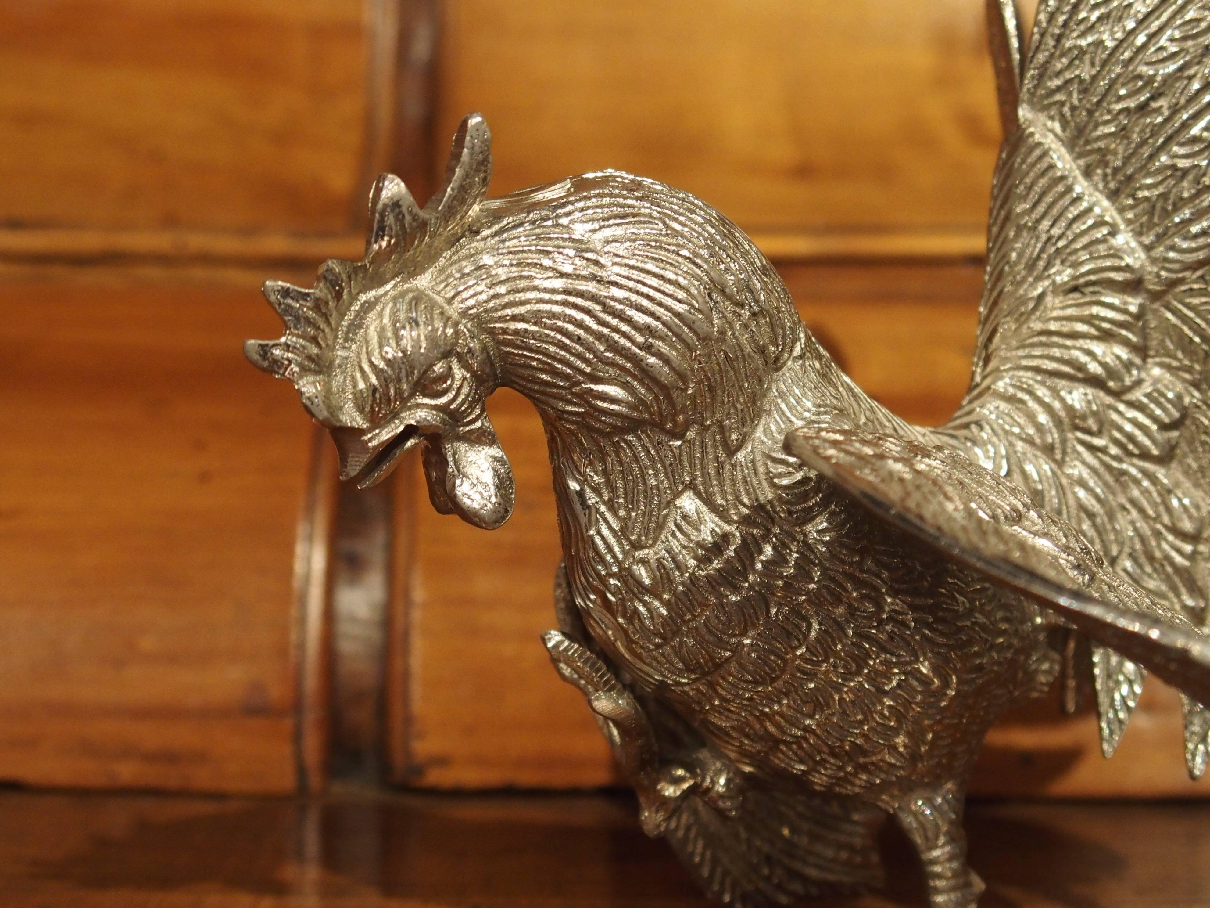 Metal Pair of Decorative Silvered Roosters from France