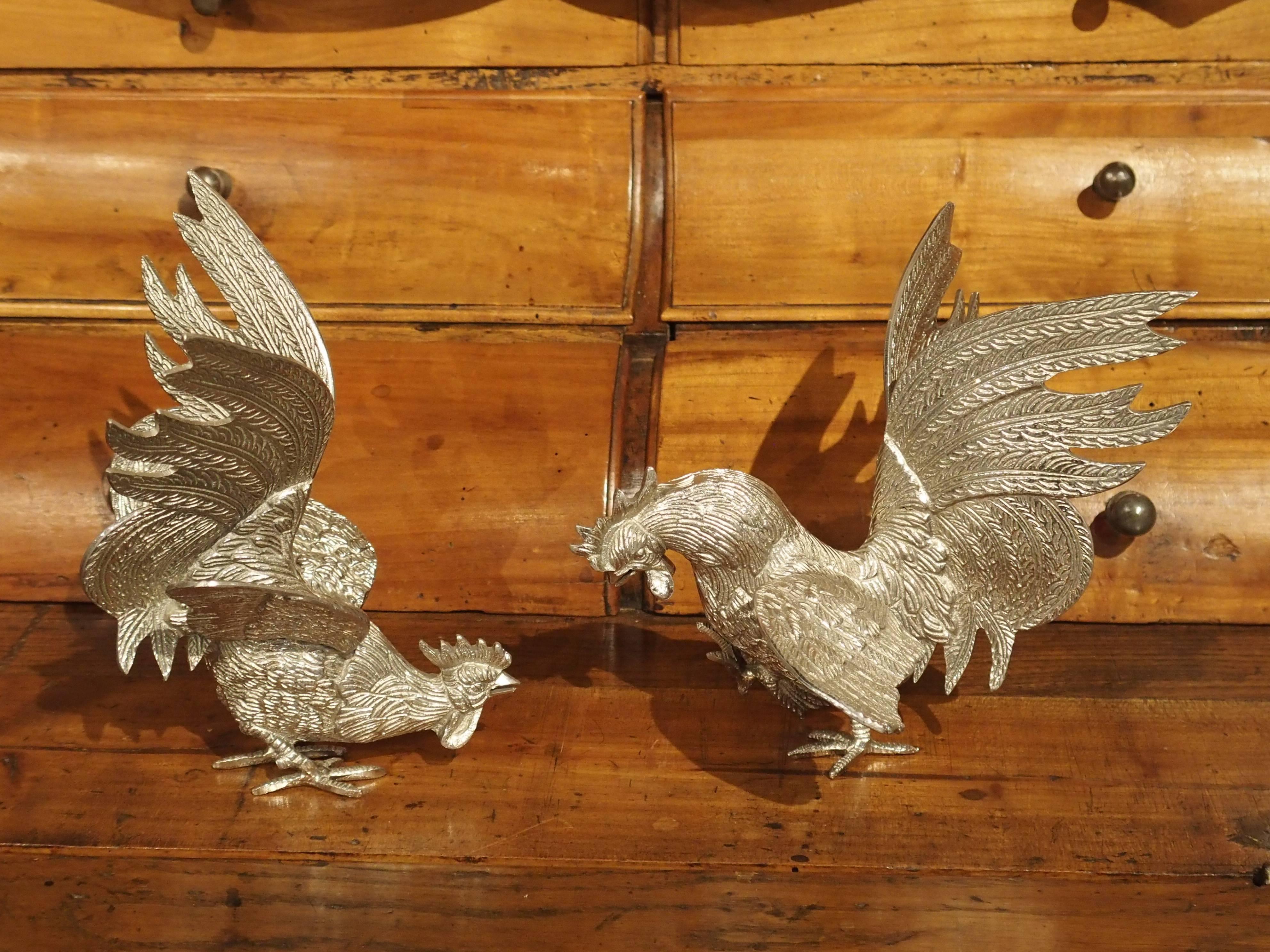 Pair of Decorative Silvered Roosters from France 3