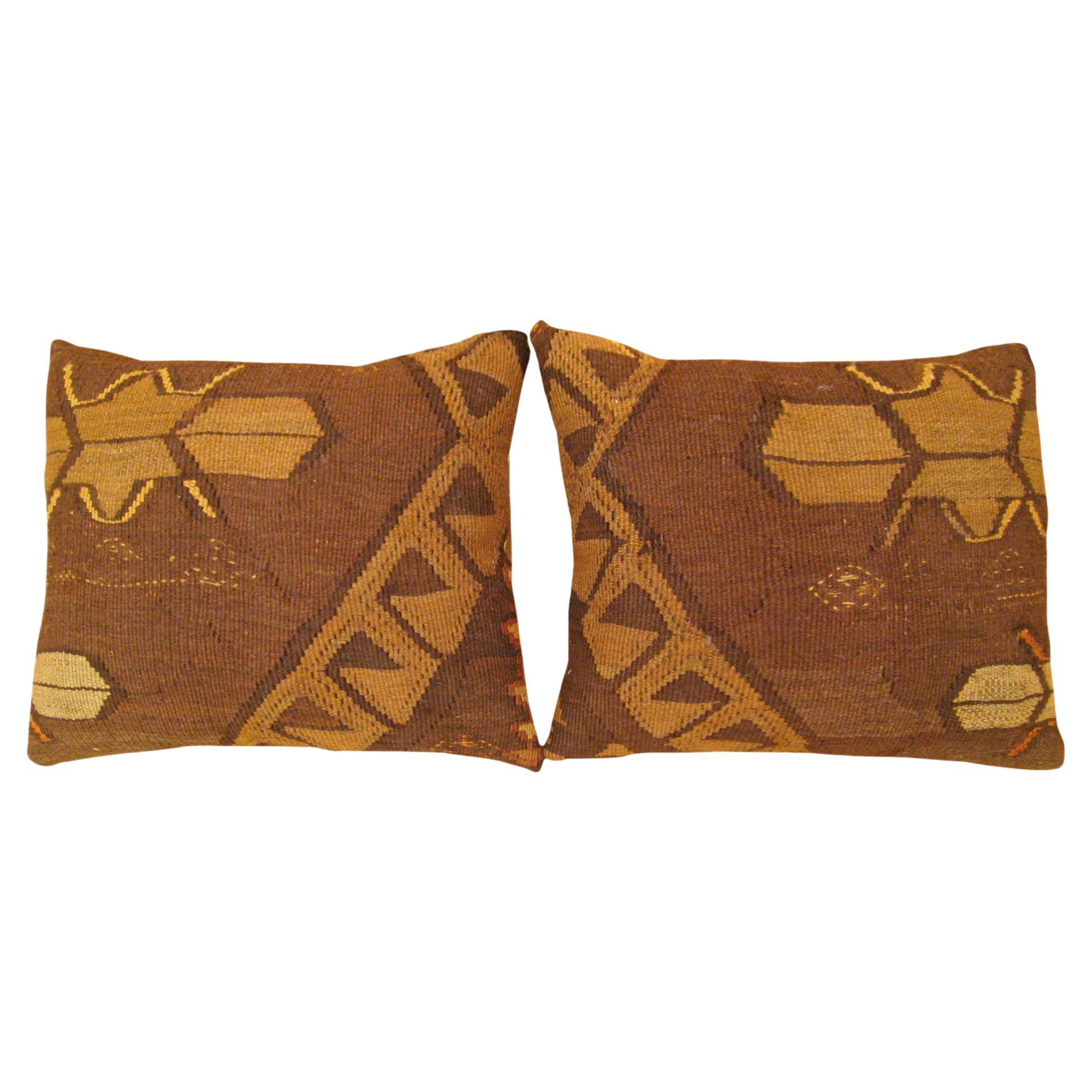 Pair of Decorative Vintage Turkish Kilim Pillows with Geometric Abstracts For Sale