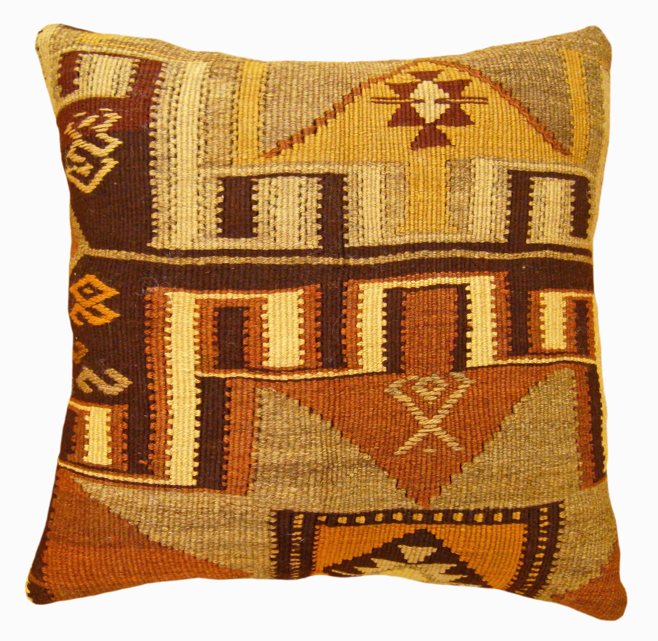 Wool Pair of Decorative Vintage Turkish Kilim Rug Pillows with Geometric Abstracts For Sale