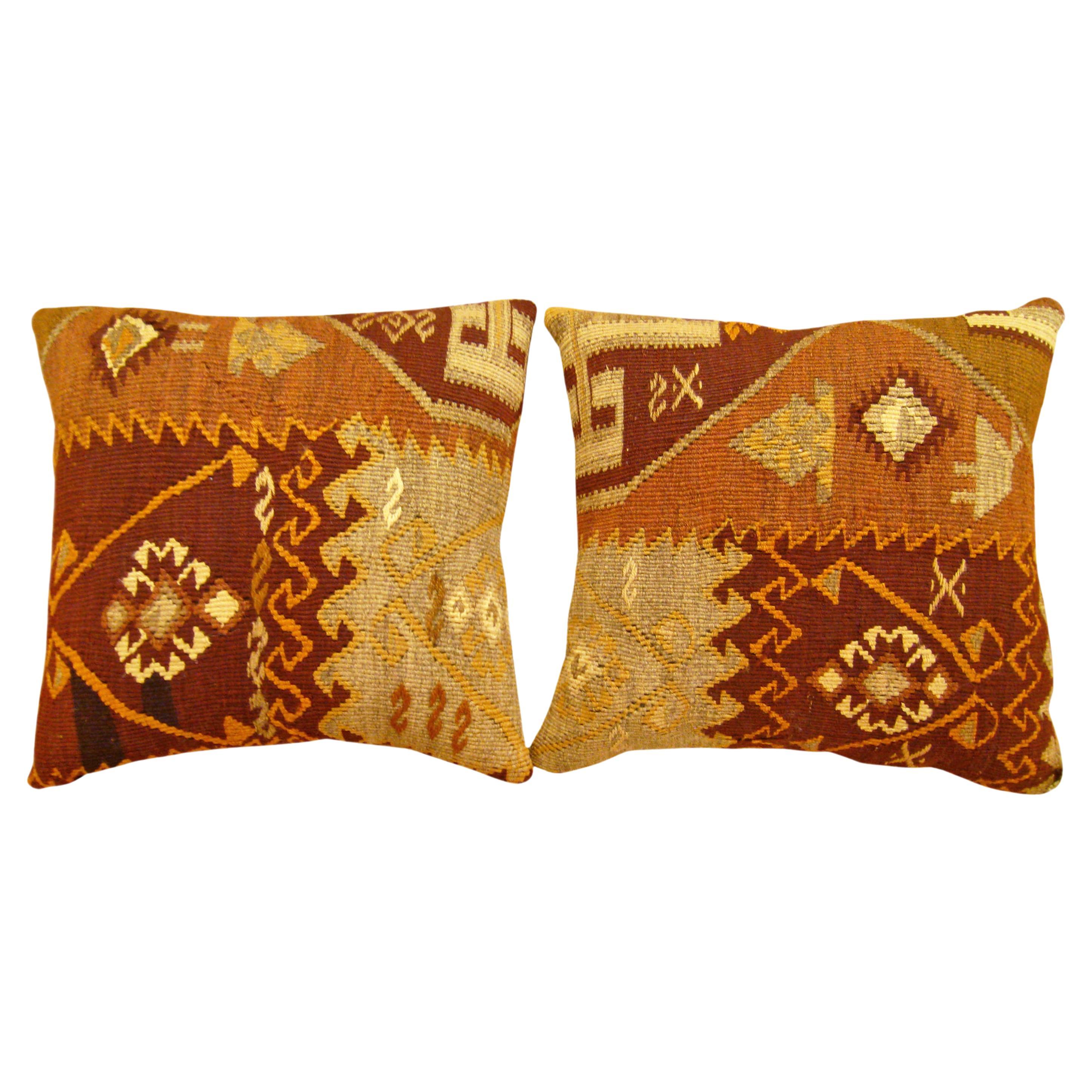 Pair of Decorative Vintage Turkish Kilim Rug Pillows with Geometric Abstracts For Sale