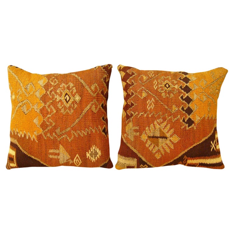 Pair of Decorative Vintage Turkish Kilim Rug Pillows with Geometric