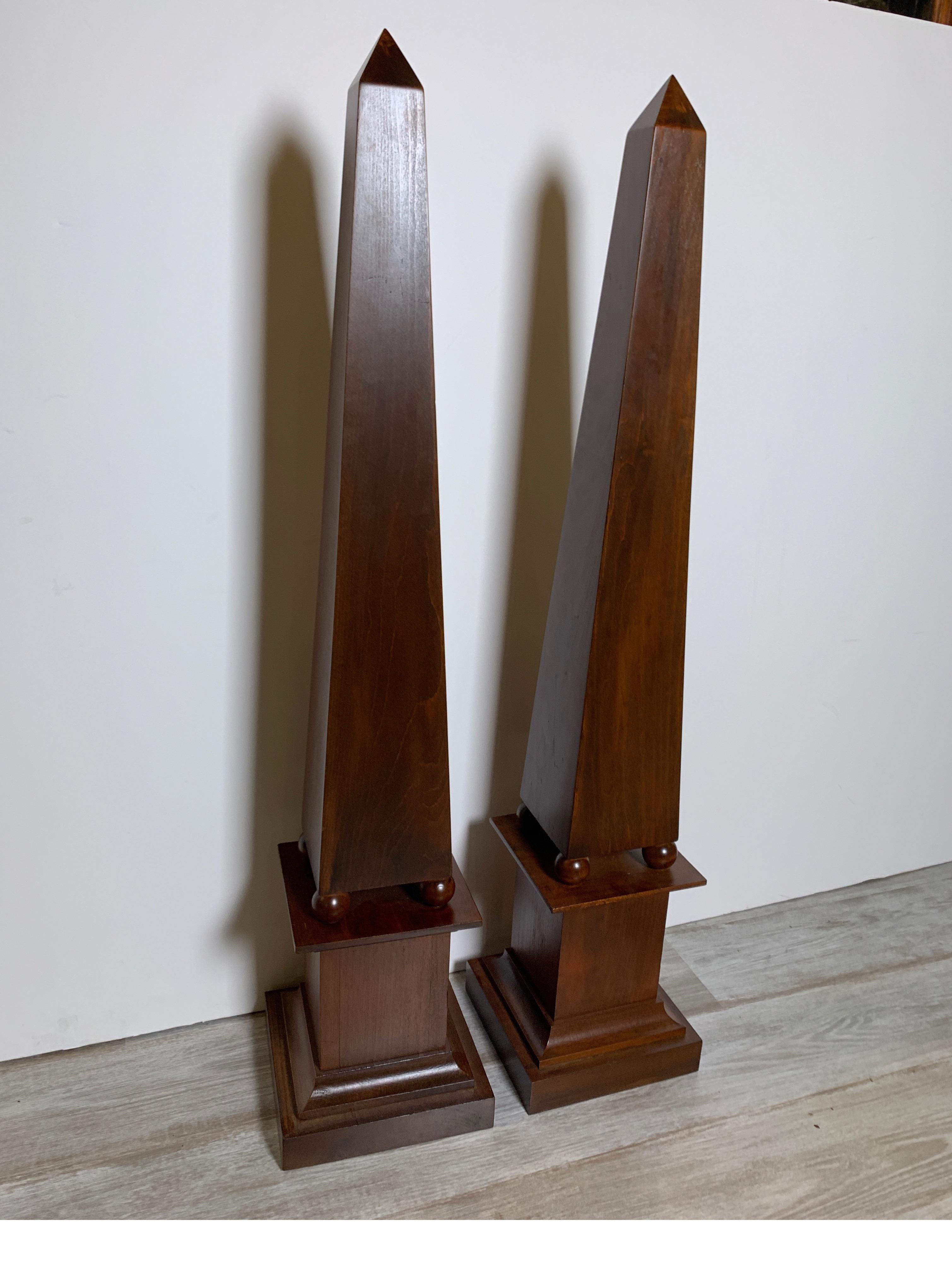 Neoclassical Pair of Decorator Tall Mahogany Finish Obelisks