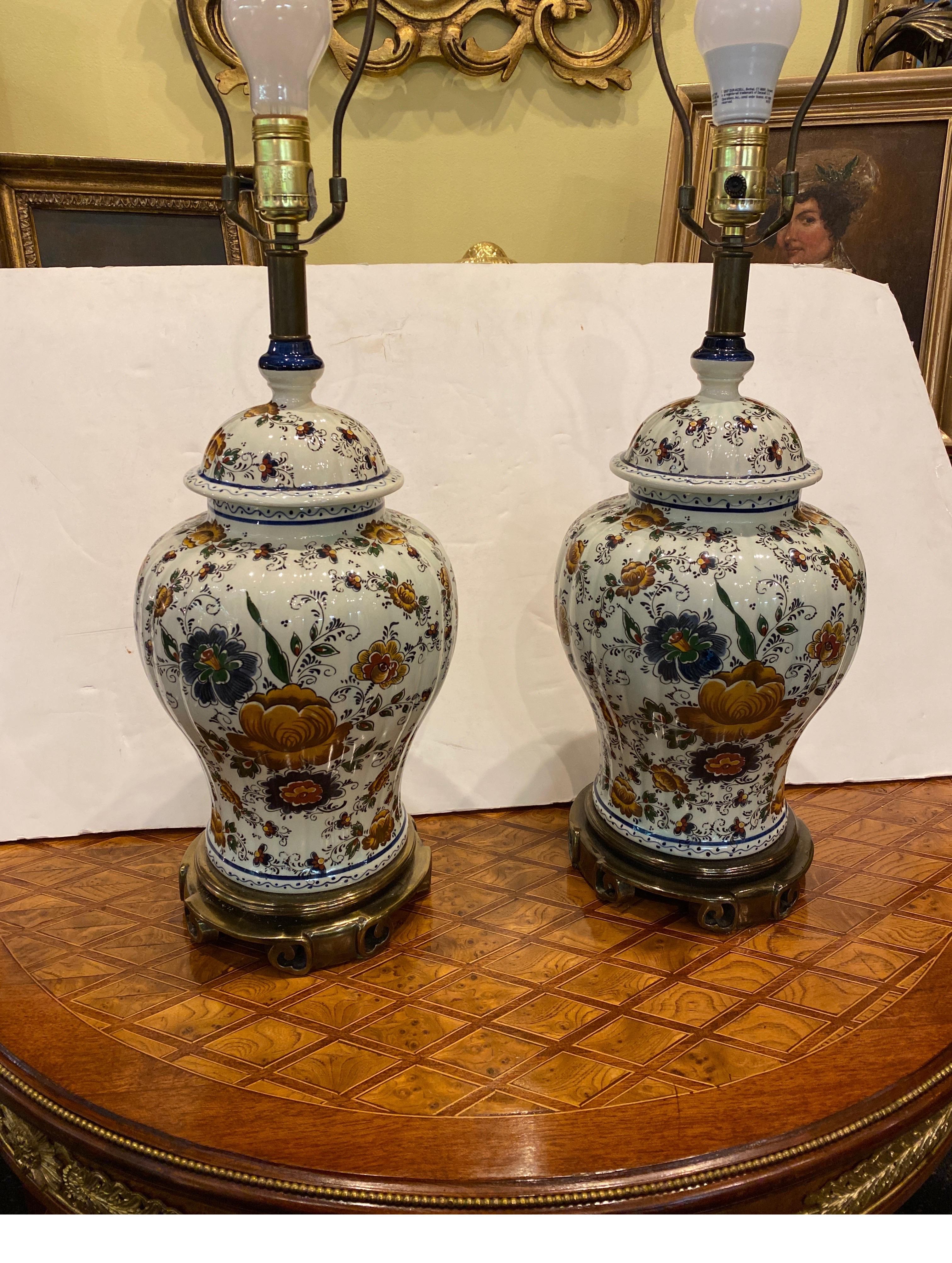 Ceramic Pair of Hand Decorated Delft Ginger Jar Lamps