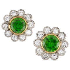 Pair of Demantoid Garnet and Diamond Cluster Earrings