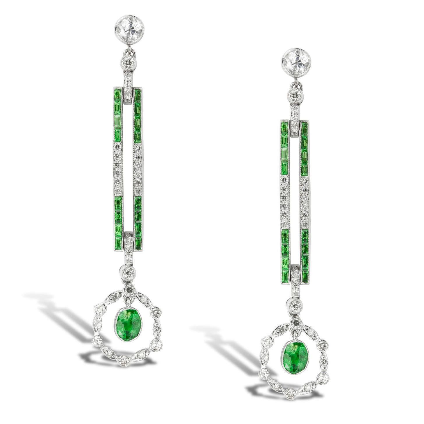 Brilliant Cut Pair of Demantoid Garnet and Diamond Drop Earrings For Sale