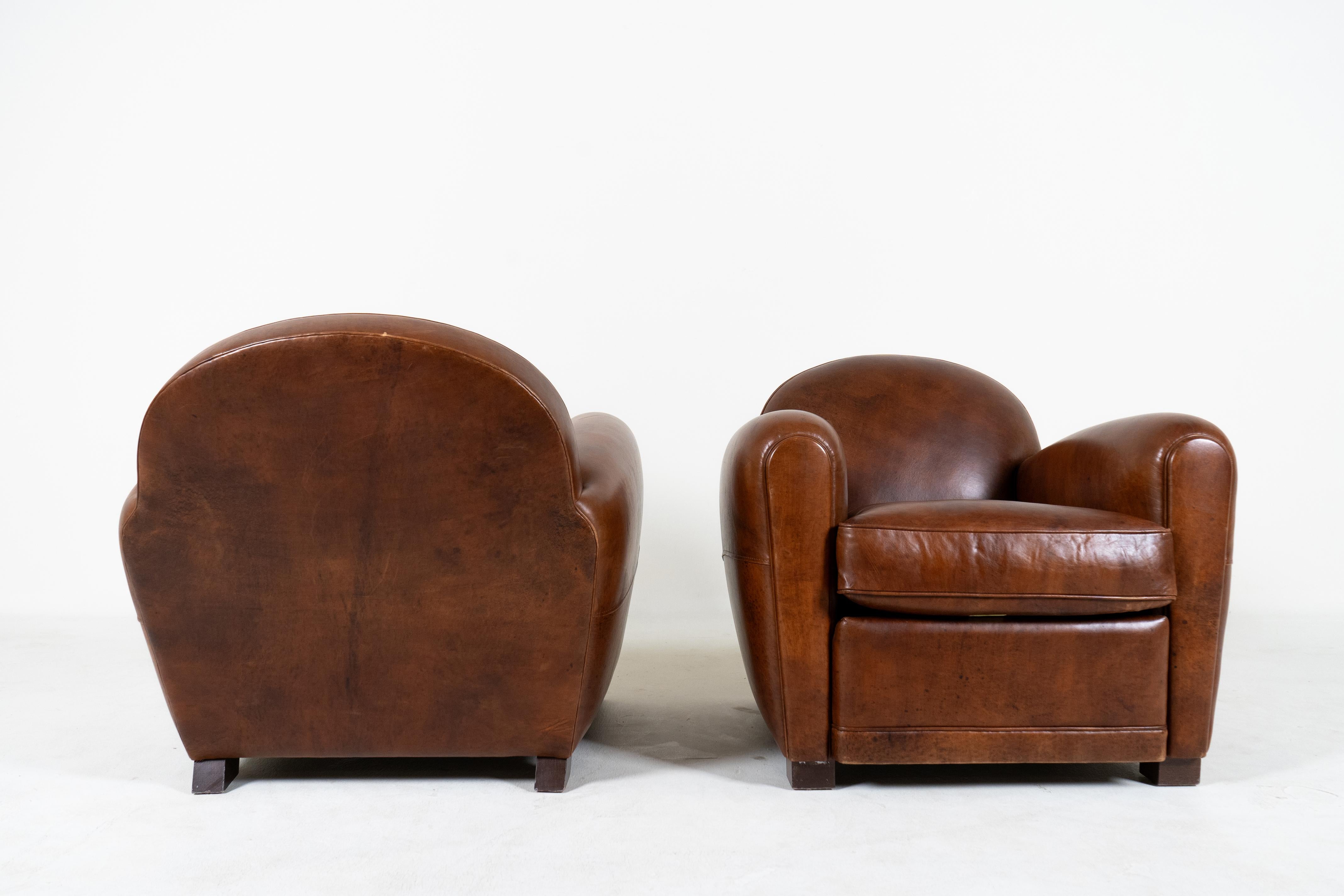 Lambskin A Pair of Demi Lune French Club Chairs in Patinated Leather For Sale