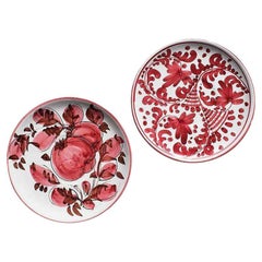 Pair of Deruta Firenze Ceramic Folk Art Plates in Red Floral Motif, Italy