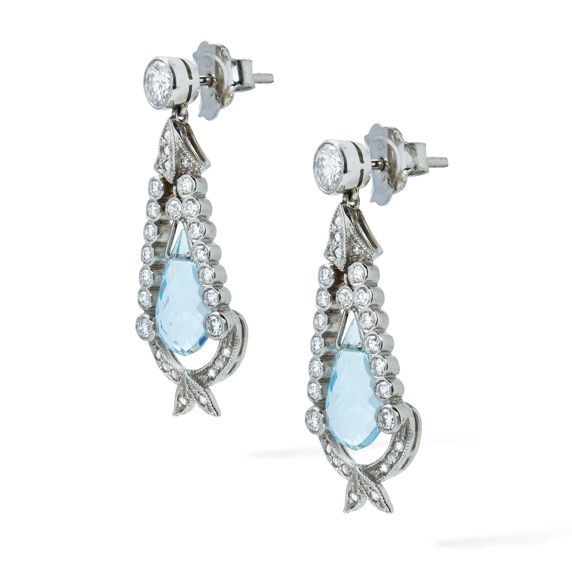 A pair of diamond and aquamarine drop earrings, each earring consisting of a briolette-cut aquamarine with total combined weight of 2.90 carats, suspended in a frame of brilliant-cut and rose-cut diamonds to a form of a wreath, suspended by a single