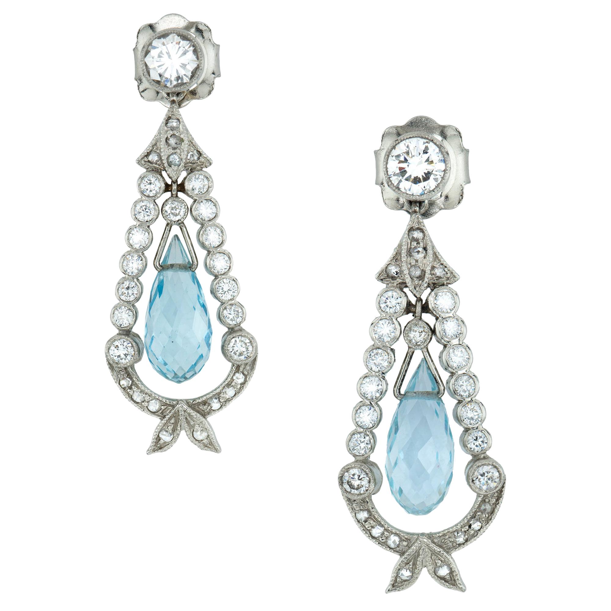 Pair of Diamond and Aquamarine Drop Earrings For Sale