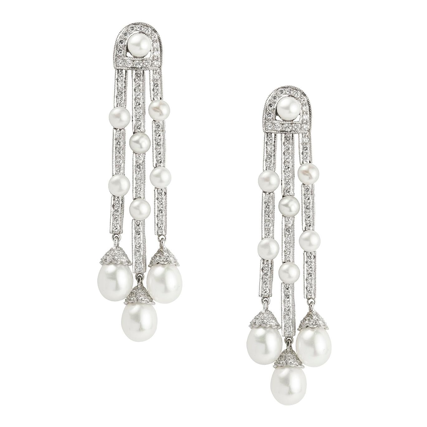 Modern Pair of Diamond and Cultured Pearl Drop Earrings