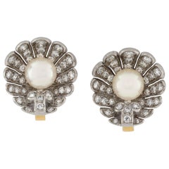Pair of Diamond and Pearl Shell Earrings