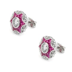 Pair of Diamond and Ruby Cluster Star Earrings