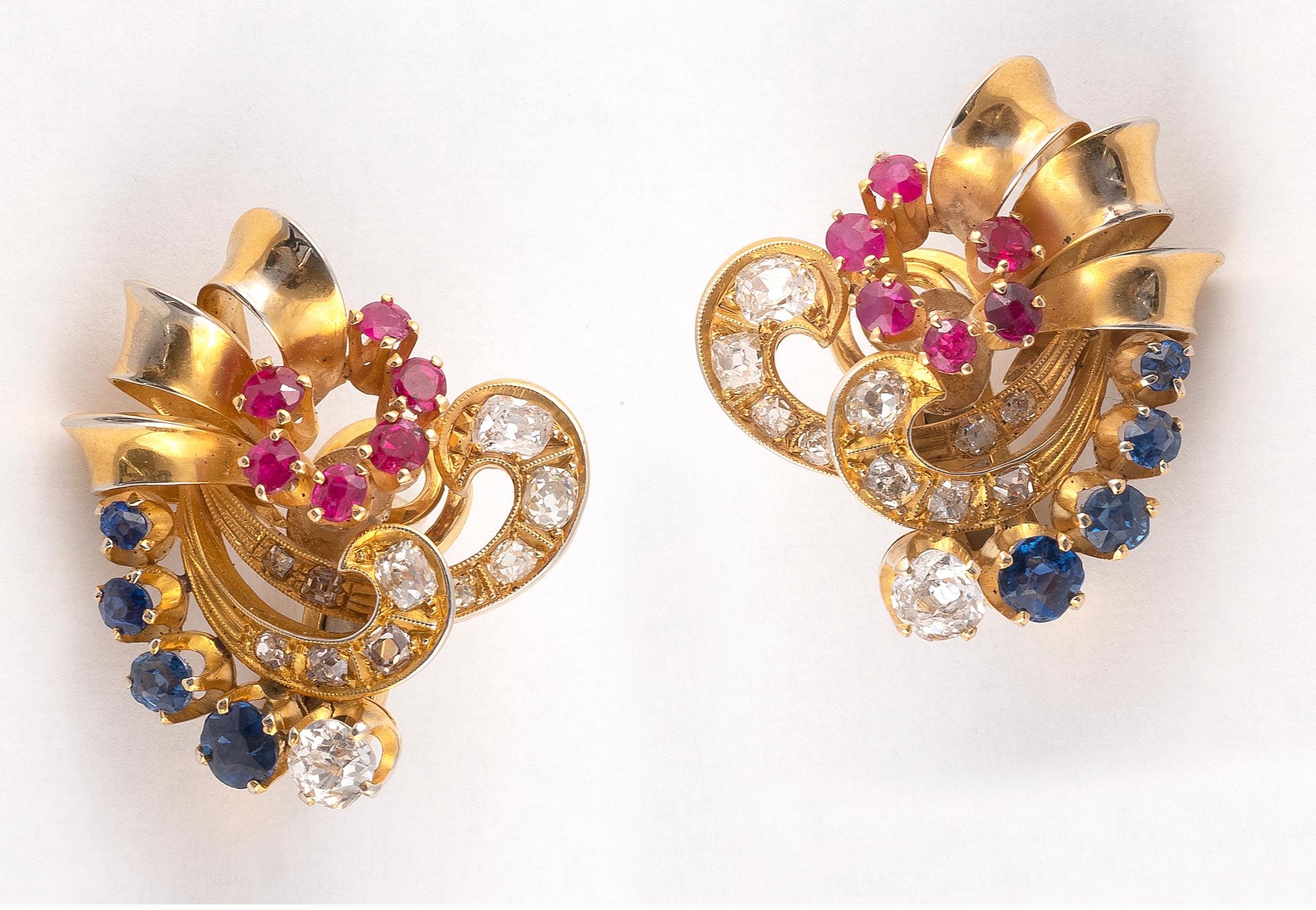 Retro Pair of Diamond Ruby and Sapphire Earclips by Boucheron, Circa 1960