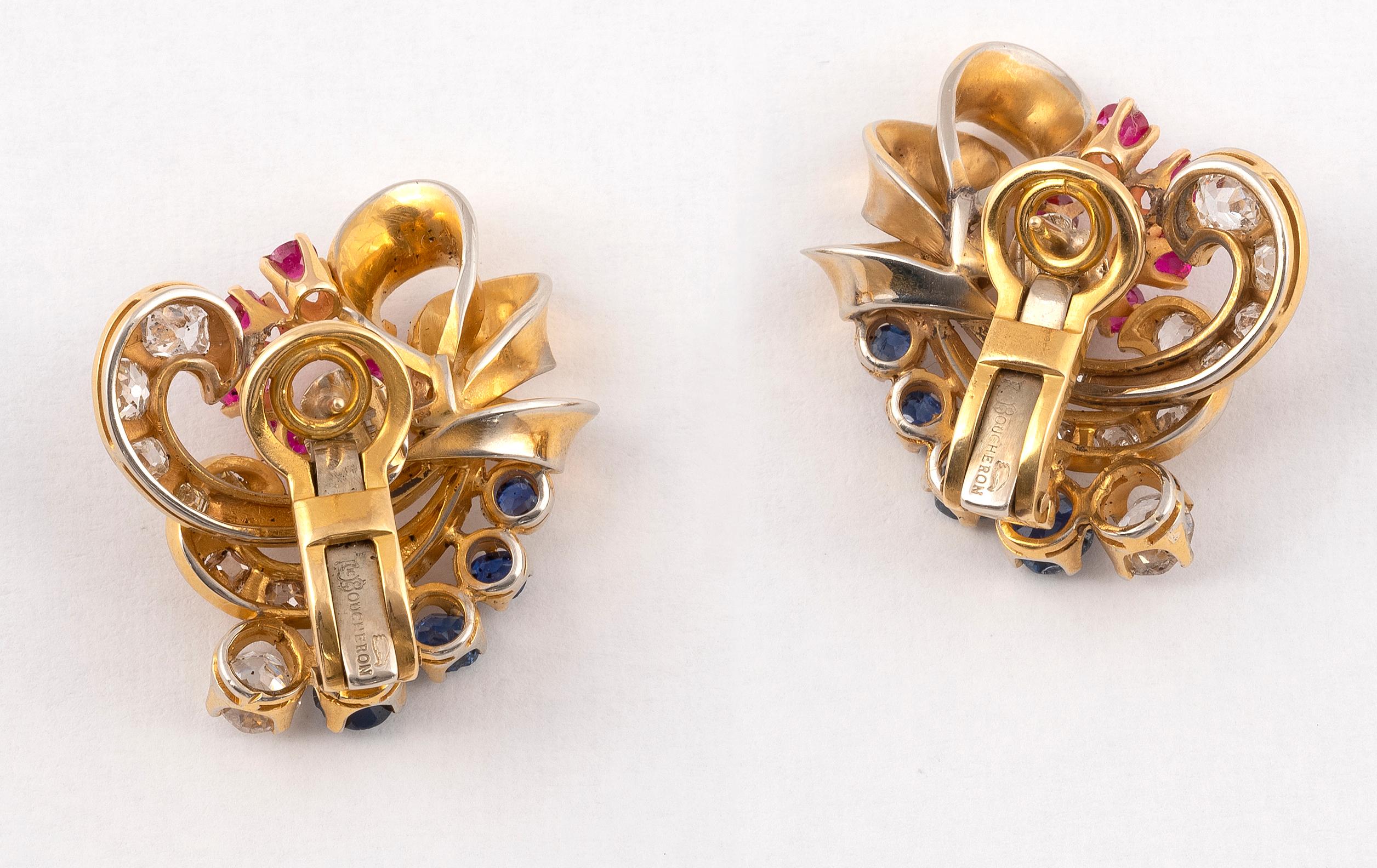 Brilliant Cut Pair of Diamond Ruby and Sapphire Earclips by Boucheron, Circa 1960