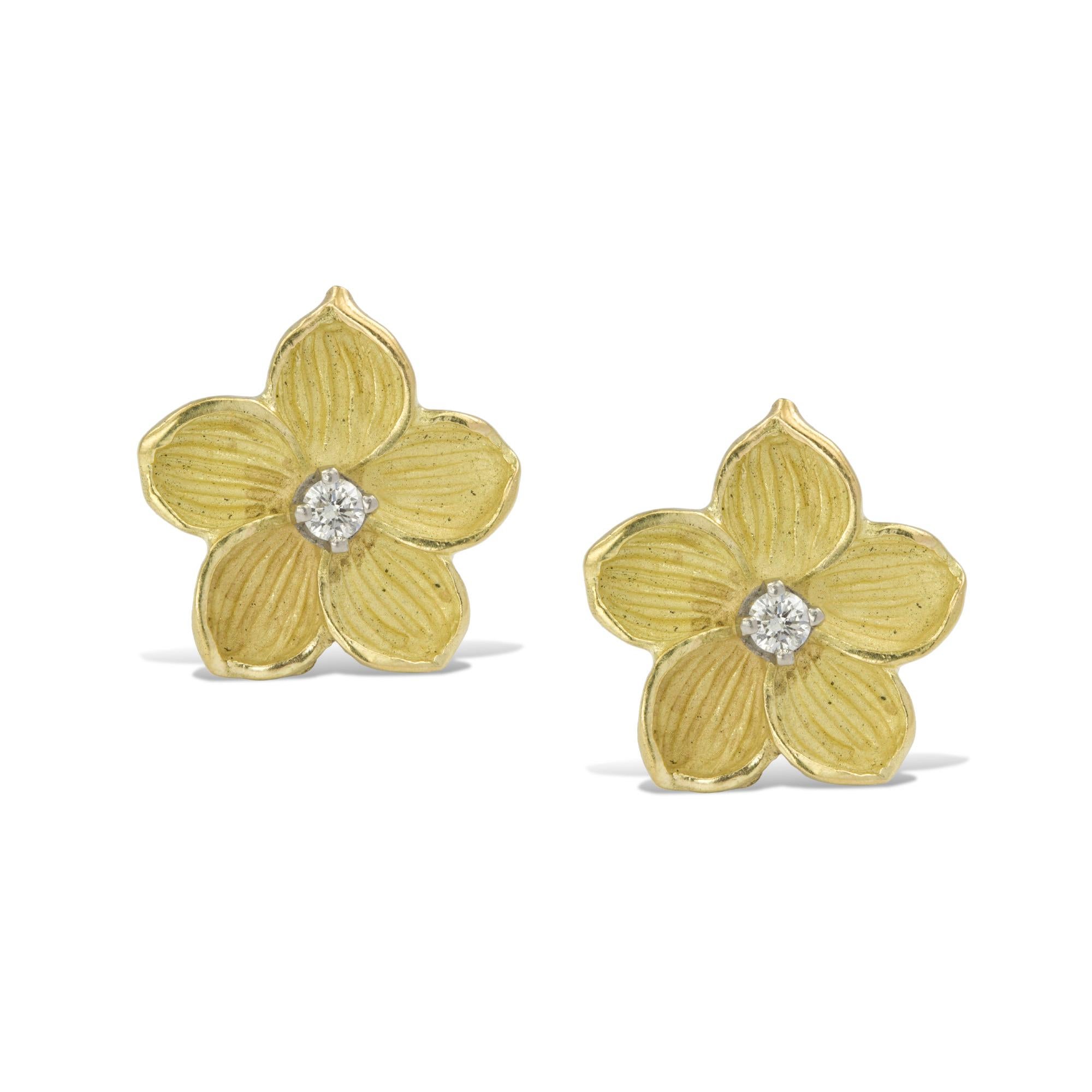 A pair of diamond-set yellow gold flower earrings, the two small round brilliant-cut diamonds weighing 0.08 carats in total, each claw-set to the centre of a five-petal flower design, mounted in yellow gold with post and scroll back fittings,