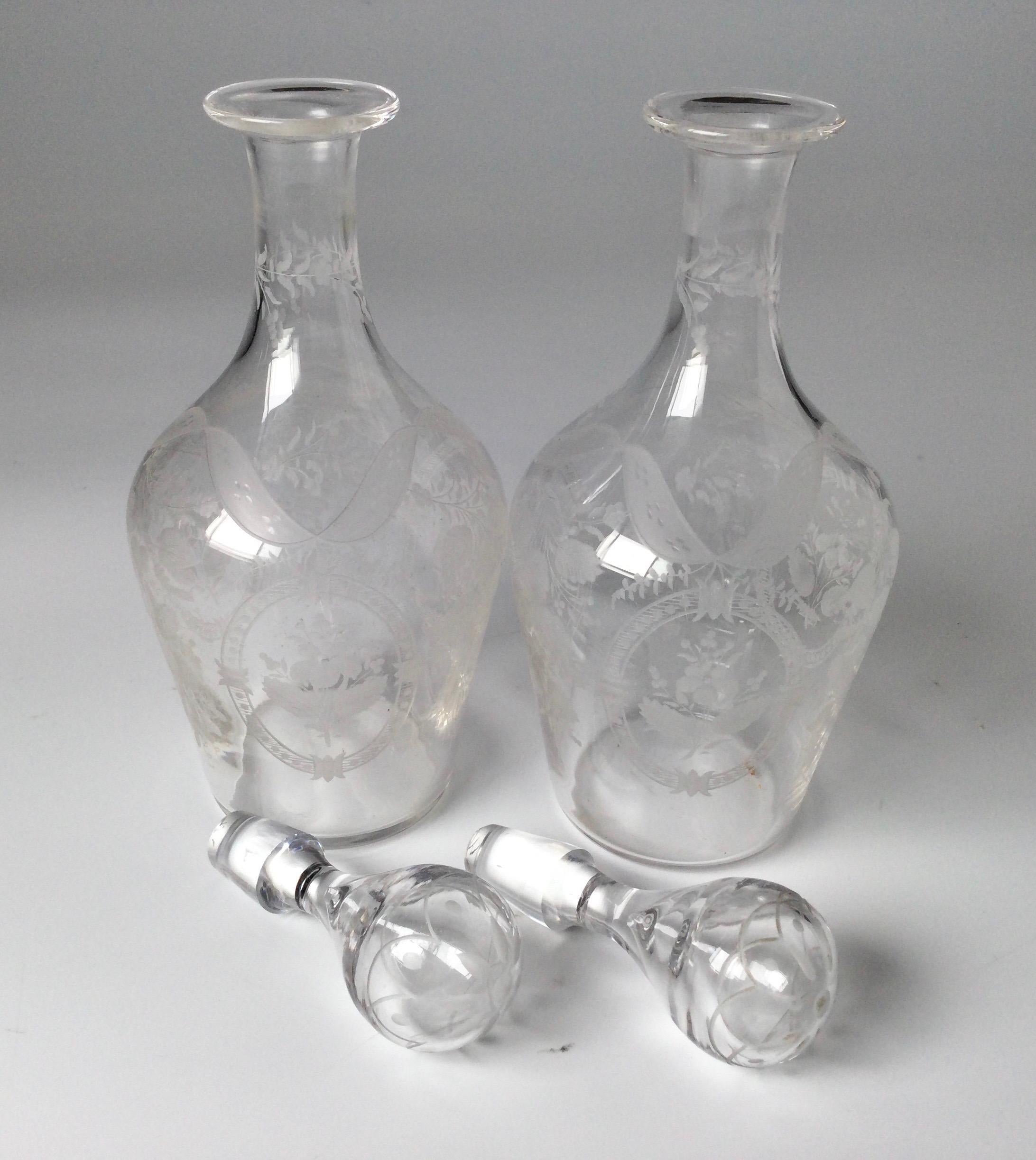 Edwardian Pair of Diminutive Engraved Hand Blown Decanters