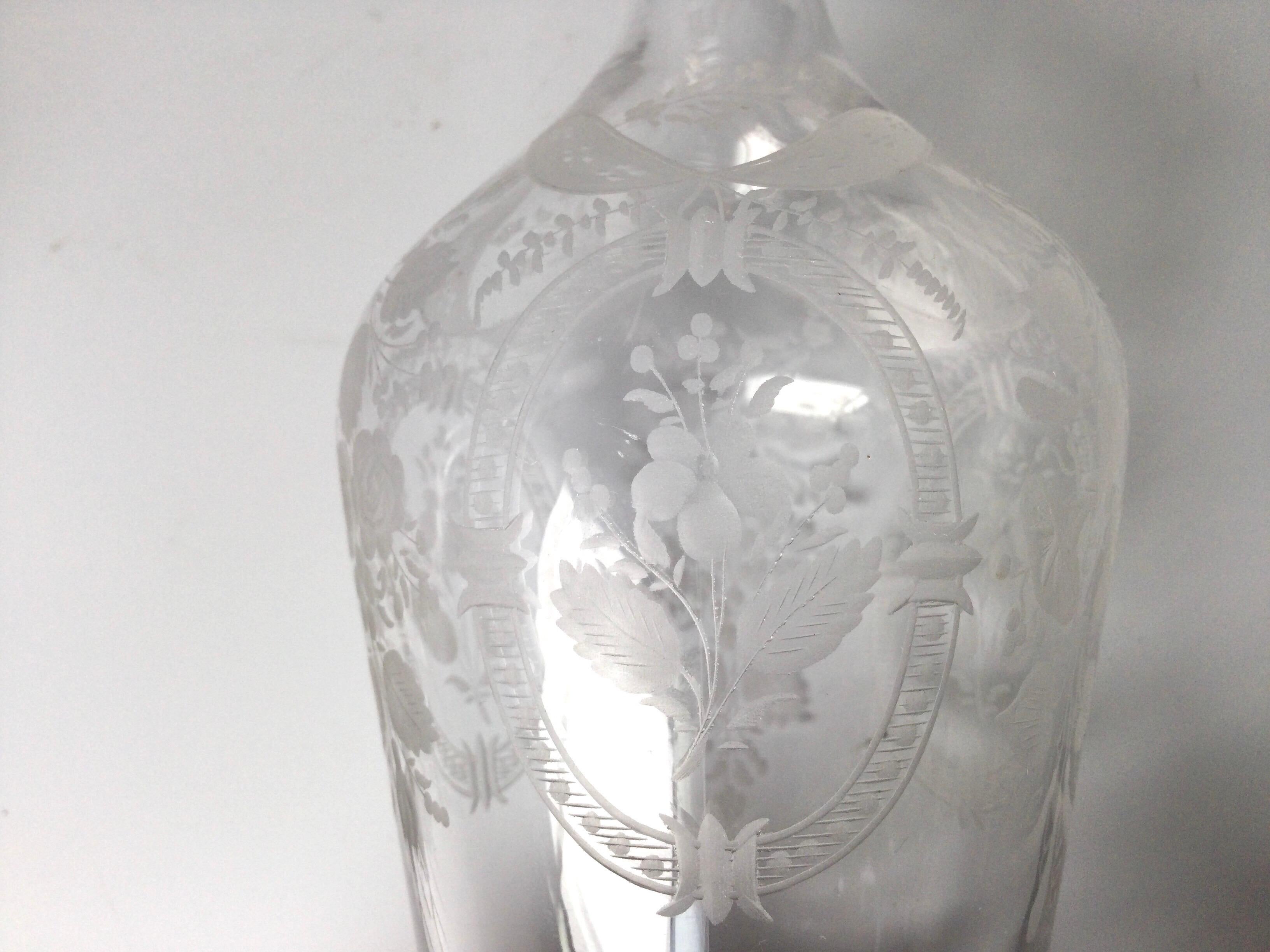 Pair of Diminutive Engraved Hand Blown Decanters In Excellent Condition In Lambertville, NJ