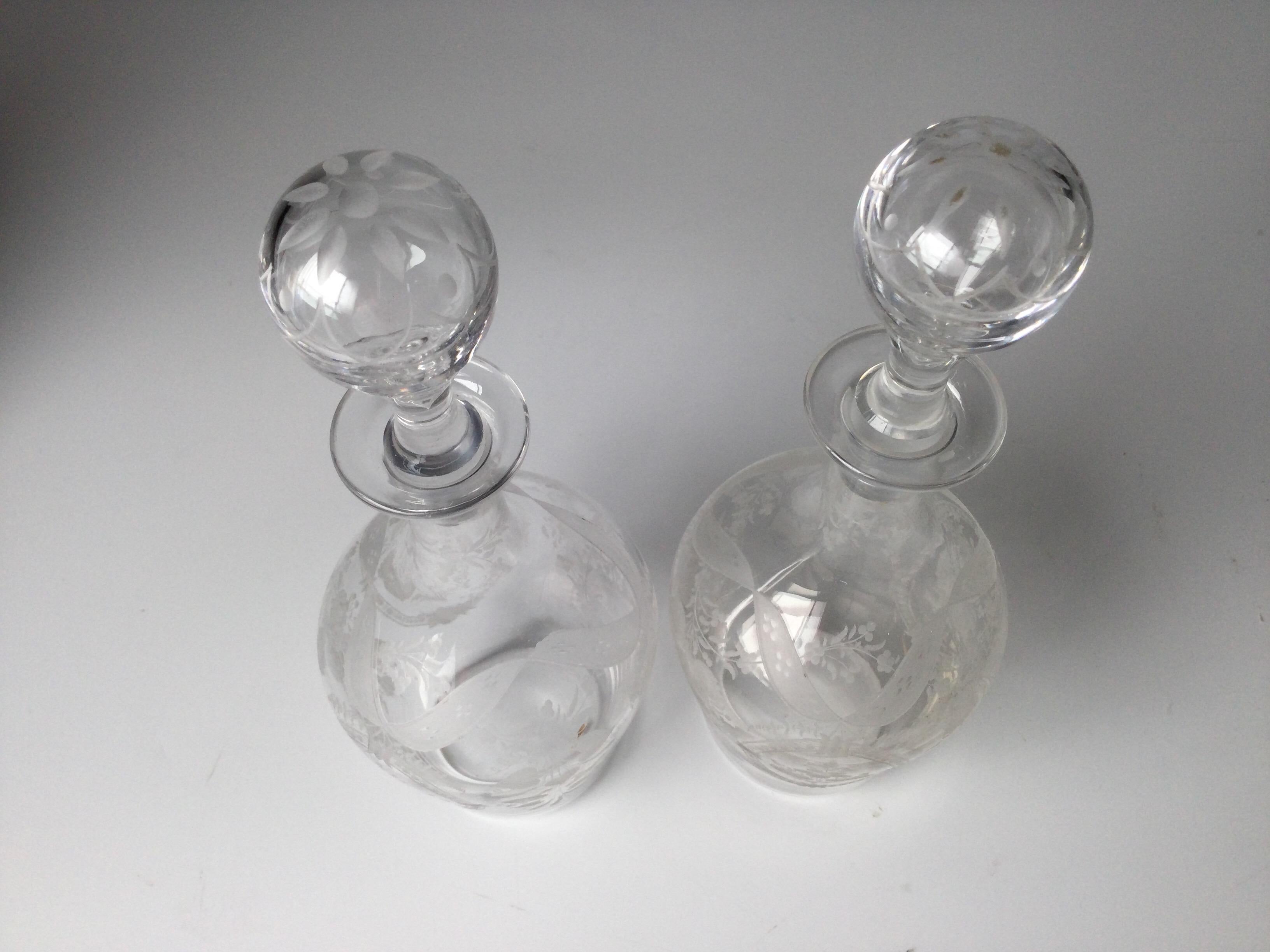 Glass Pair of Diminutive Engraved Hand Blown Decanters