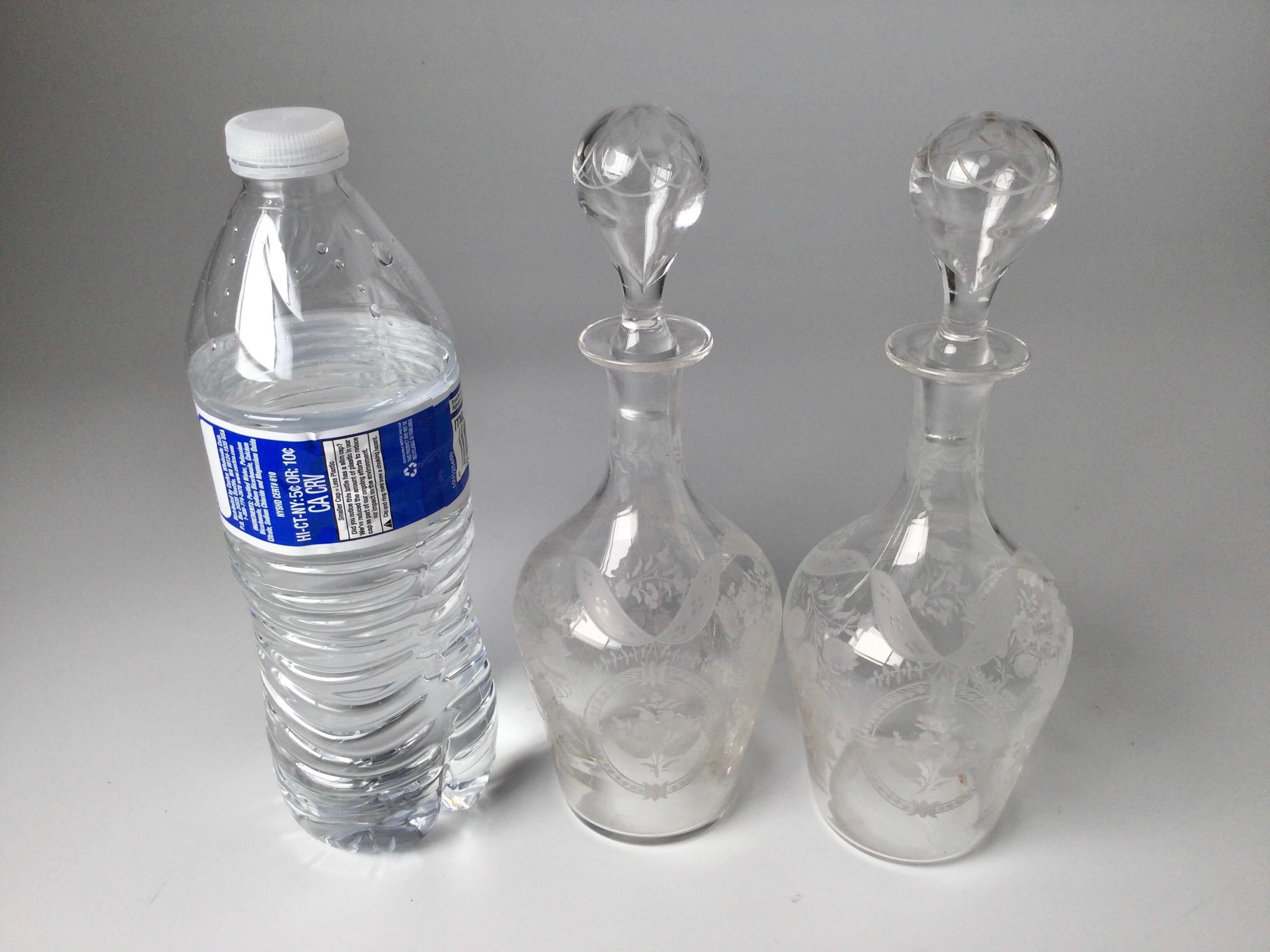 Pair of Diminutive Engraved Hand Blown Decanters 2