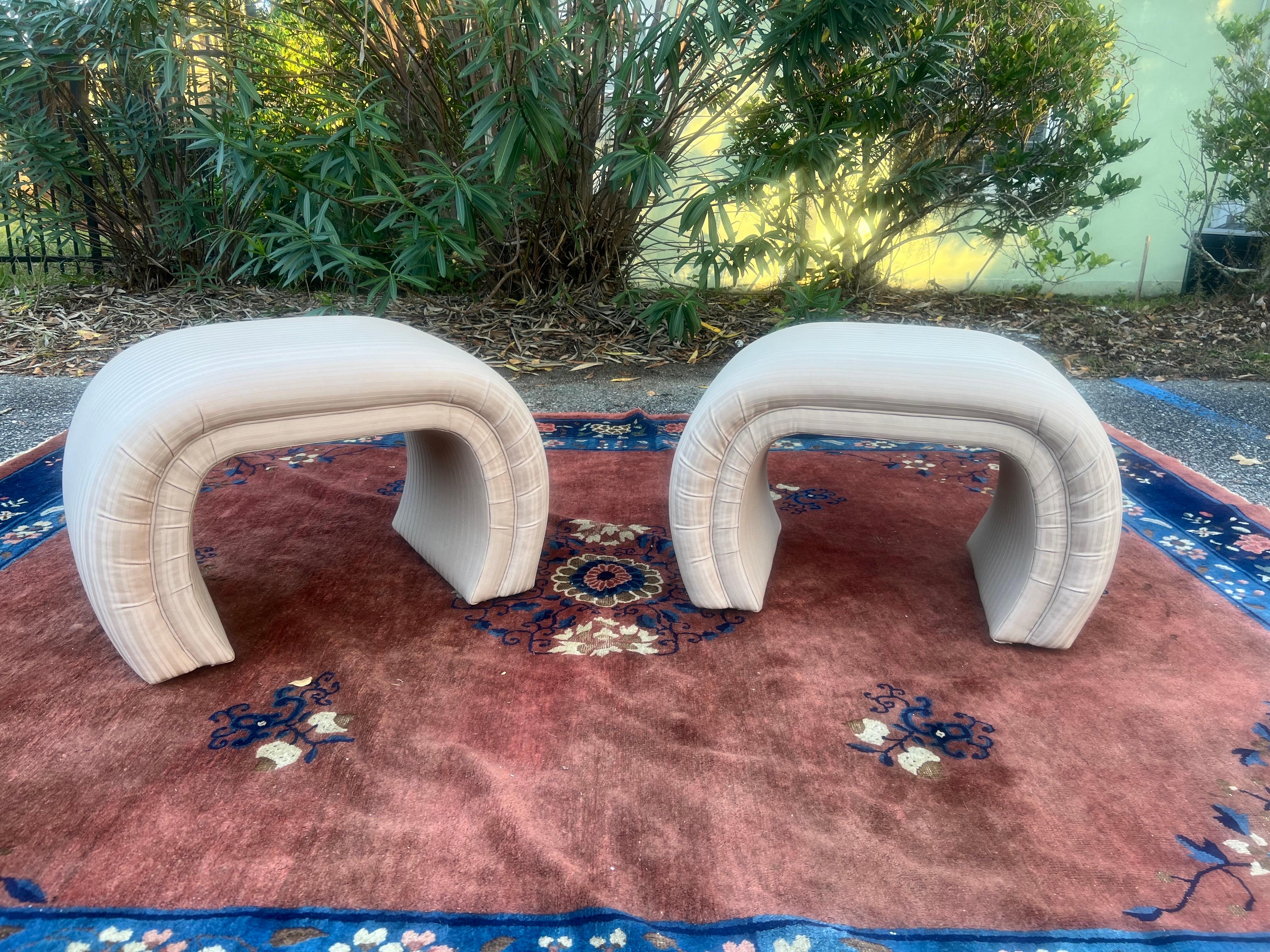 Excellent curved waterfall benches 

Waterfall benches designed in the manner of Vladimir Kagan for Directional. These benches are not marked but the parsons style pillow top, was only done by Directional.  Original pinstripe upholstery in very good