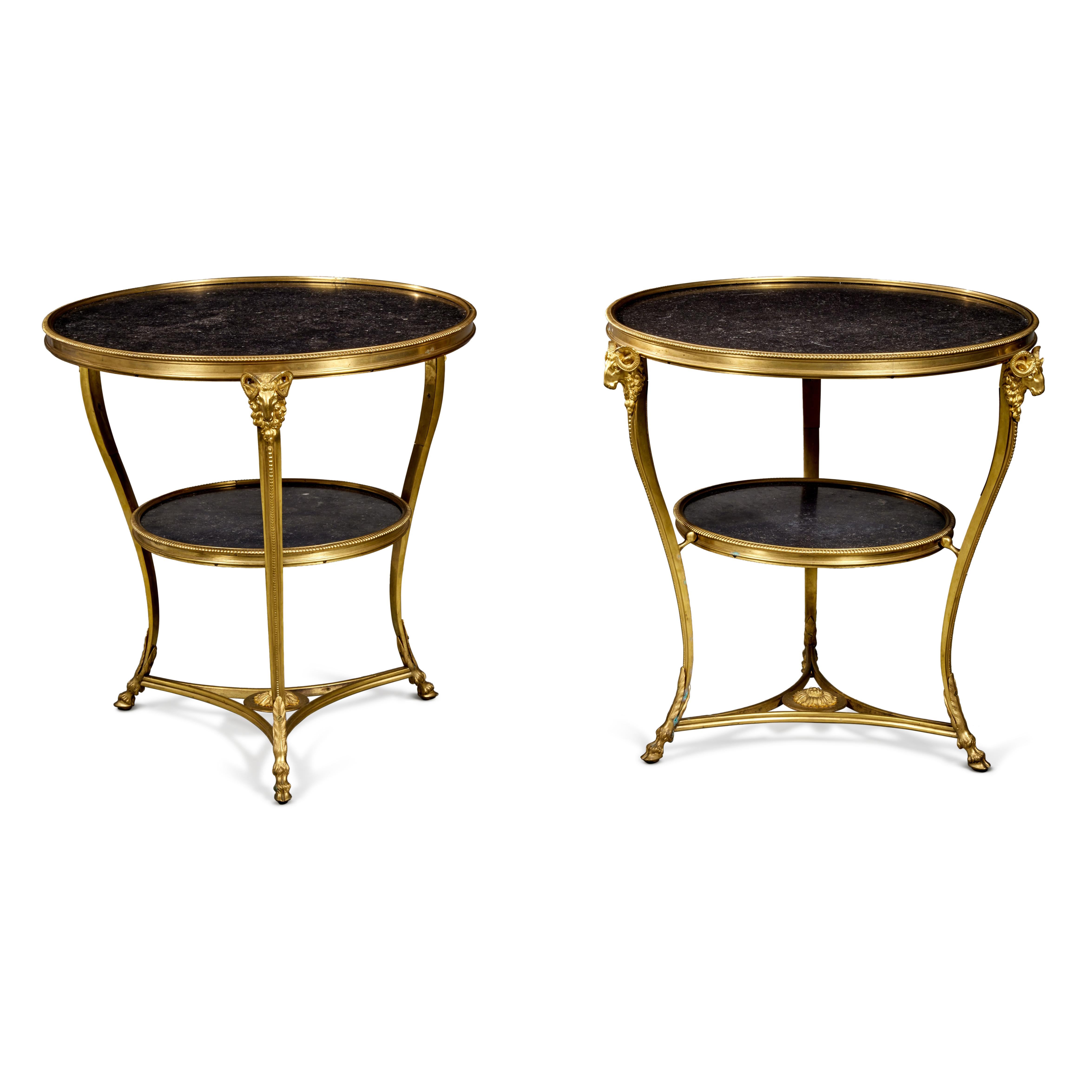 French Pair of Directoire Style Gilt Bronze and Black Marble Gueridons For Sale