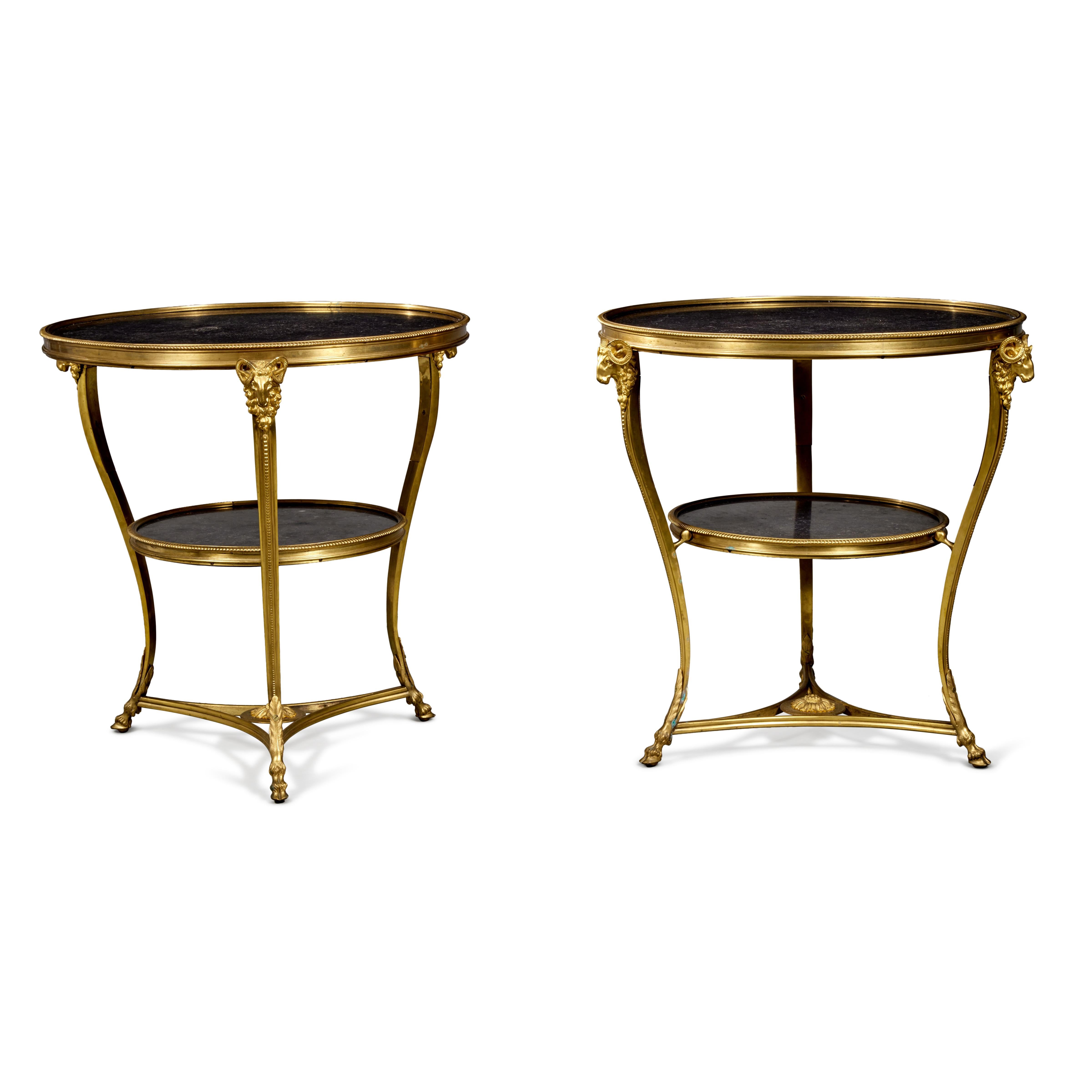 Hand-Carved Pair of Directoire Style Gilt Bronze and Black Marble Gueridons For Sale