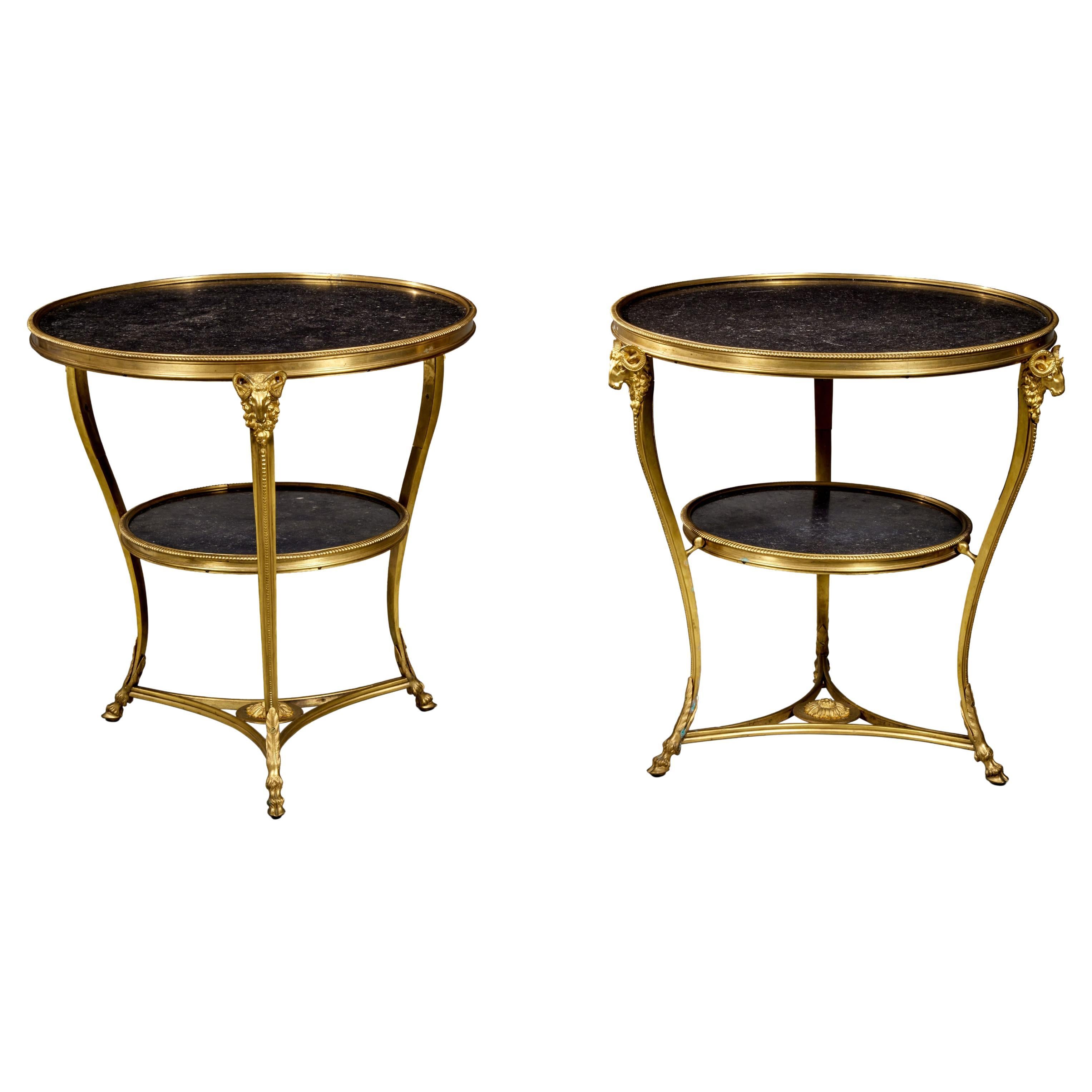 Pair of Directoire Style Gilt Bronze and Black Marble Gueridons For Sale
