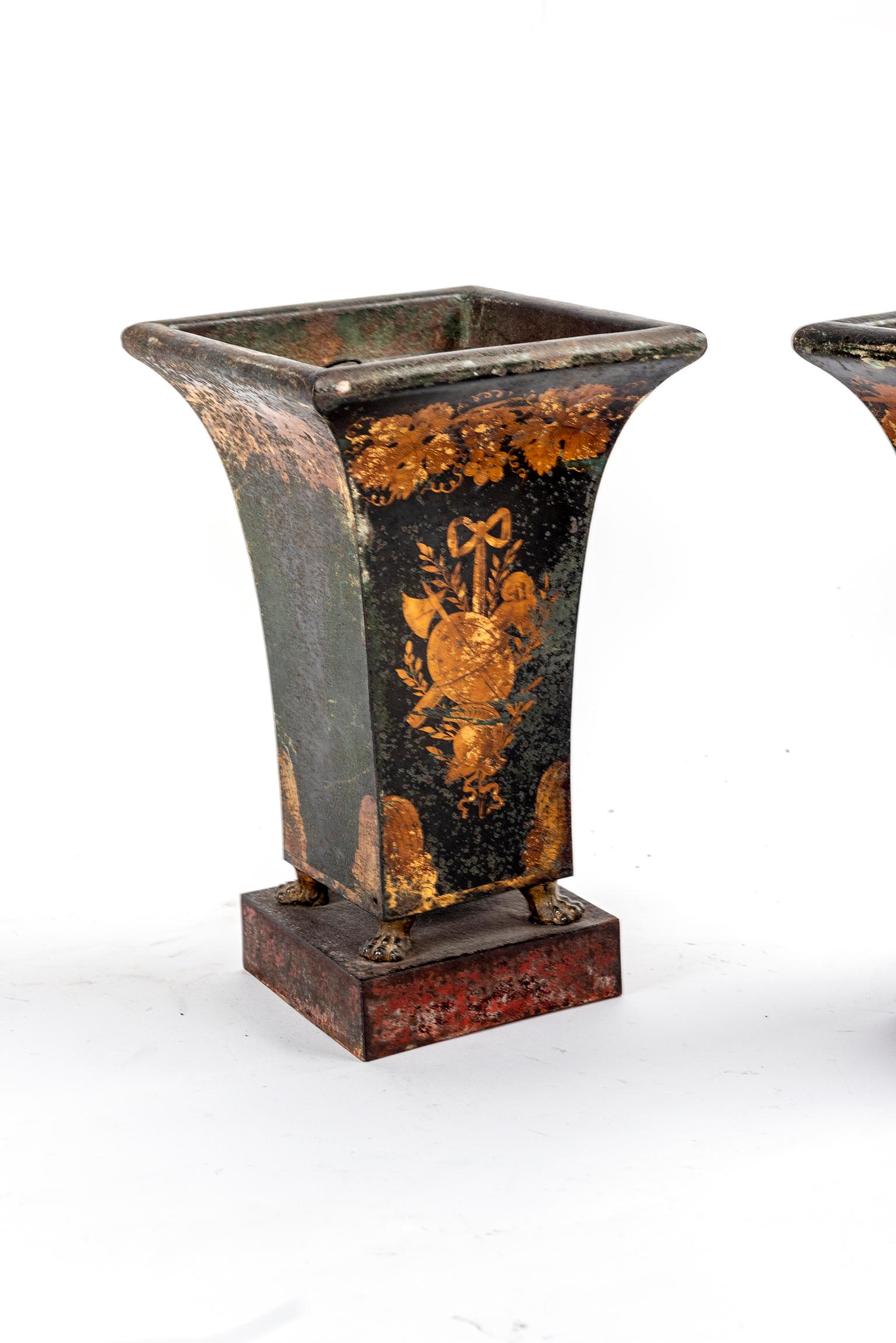 French Pair of Directoire Tole Vases in Gilt and Black For Sale