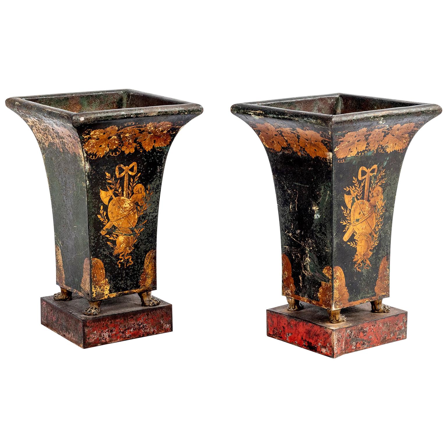 Pair of Directoire Tole Vases in Gilt and Black For Sale