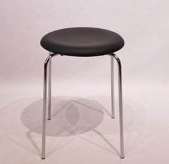 Pair Of 2 Dot Stools Upholstered With Black Leather By Arne Jacobsen From 1970s