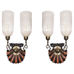 A Pair of Double-Armed Fanfare Sconces with Etched Shades by David Duncan Studio