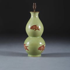 Pair of Double Gourd Goldish Celadon Glaze Vases as Table Lamps