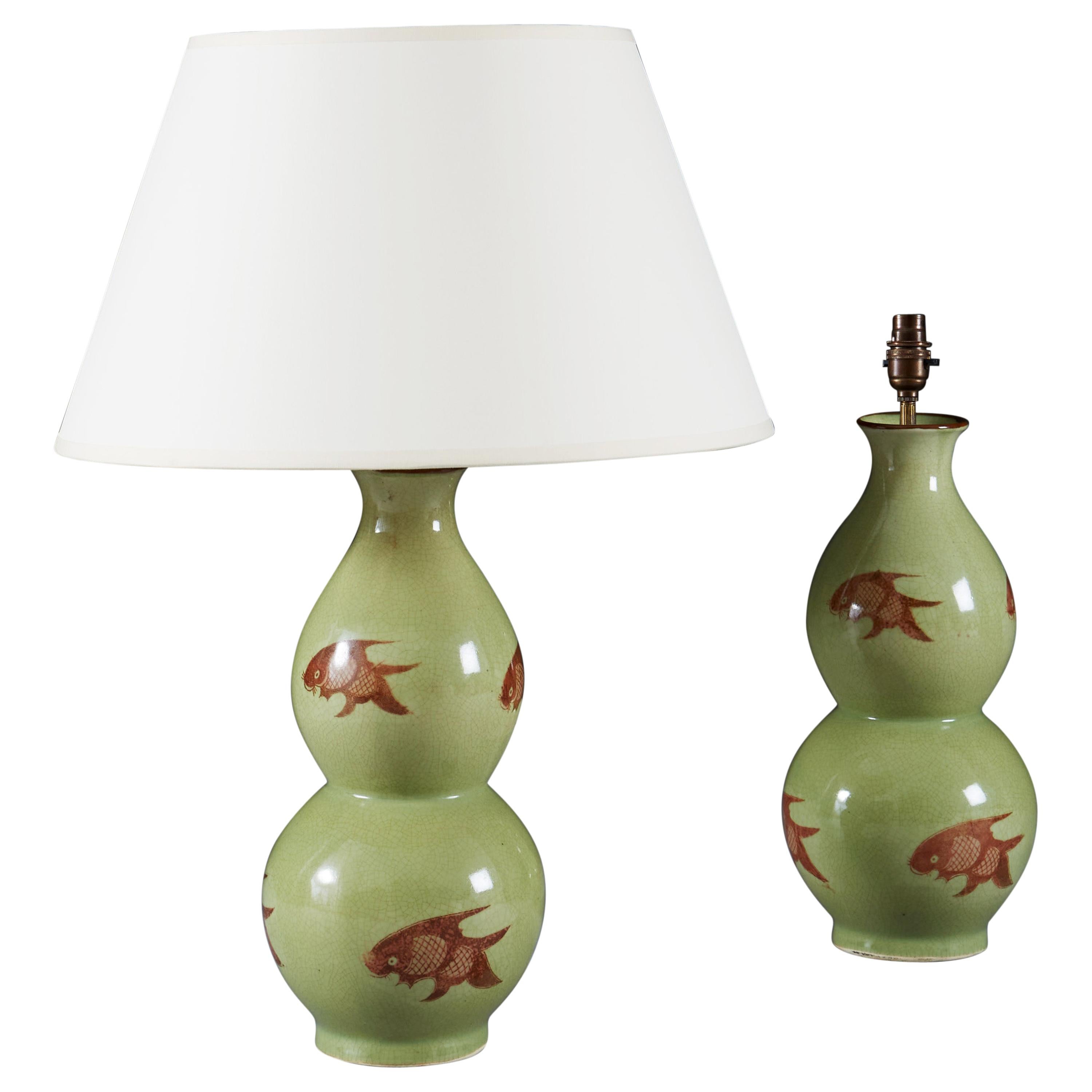 Pair of Double Gourd Goldish Celadon Glaze Vases as Table Lamps