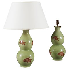 Pair of Double Gourd Goldish Celadon Glaze Vases as Table Lamps